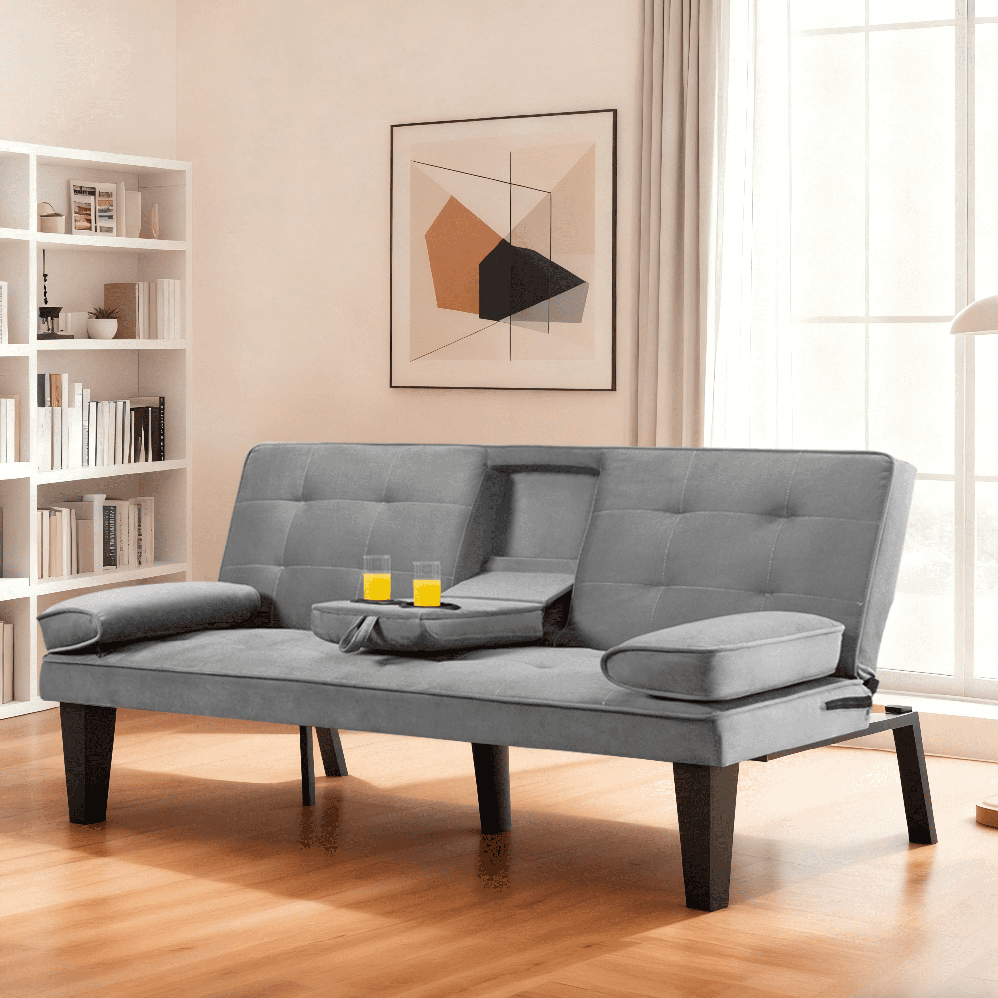 Gewnee 65''Futon Sofa Bed,3-Position Adjustable Folding Multi-Functional Sleeper Sofa with Cup Holder,Suitable for Living Room,Office and Guest Room.(Light Grey)