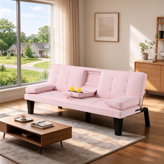 Gewnee 65”Futon Sofa Bed,Modern Convertible Futon Couch with 2 Cup Holders,Removable Armrests,Loveseat Sleeper Sofa Bed for Living Room,Apartment(Pink)