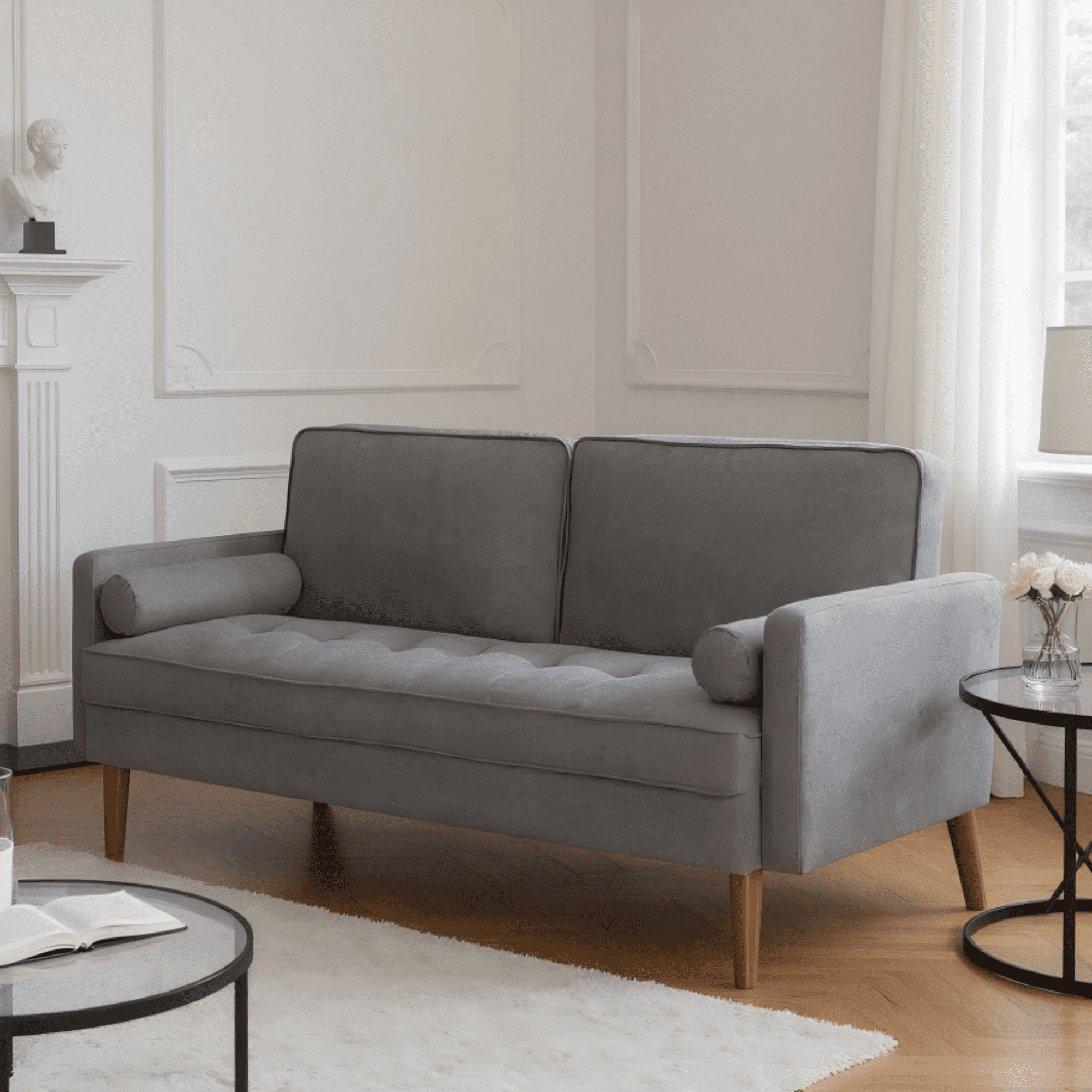 Gewnee 65" Modern Loveseat Couch, Upholstered Sofa with Removable Back Cushion and 2 Bolster Pillows, Contemporary Loveseat for Living Room, Home Office, Bedroom(Light Grey)