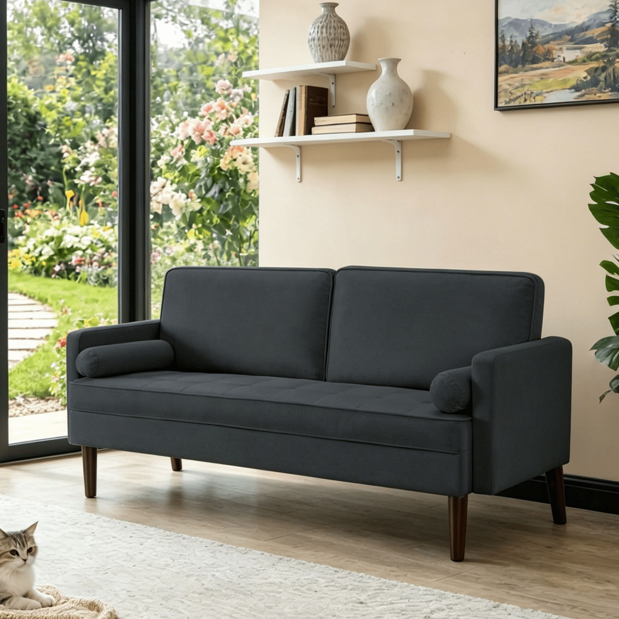 Gewnee 65 Inch Loveseat Sofa,2-Seater Sofa Couch with 2 Pillows for Living Rooms, Offices,Bedrooms(Dark Gray）