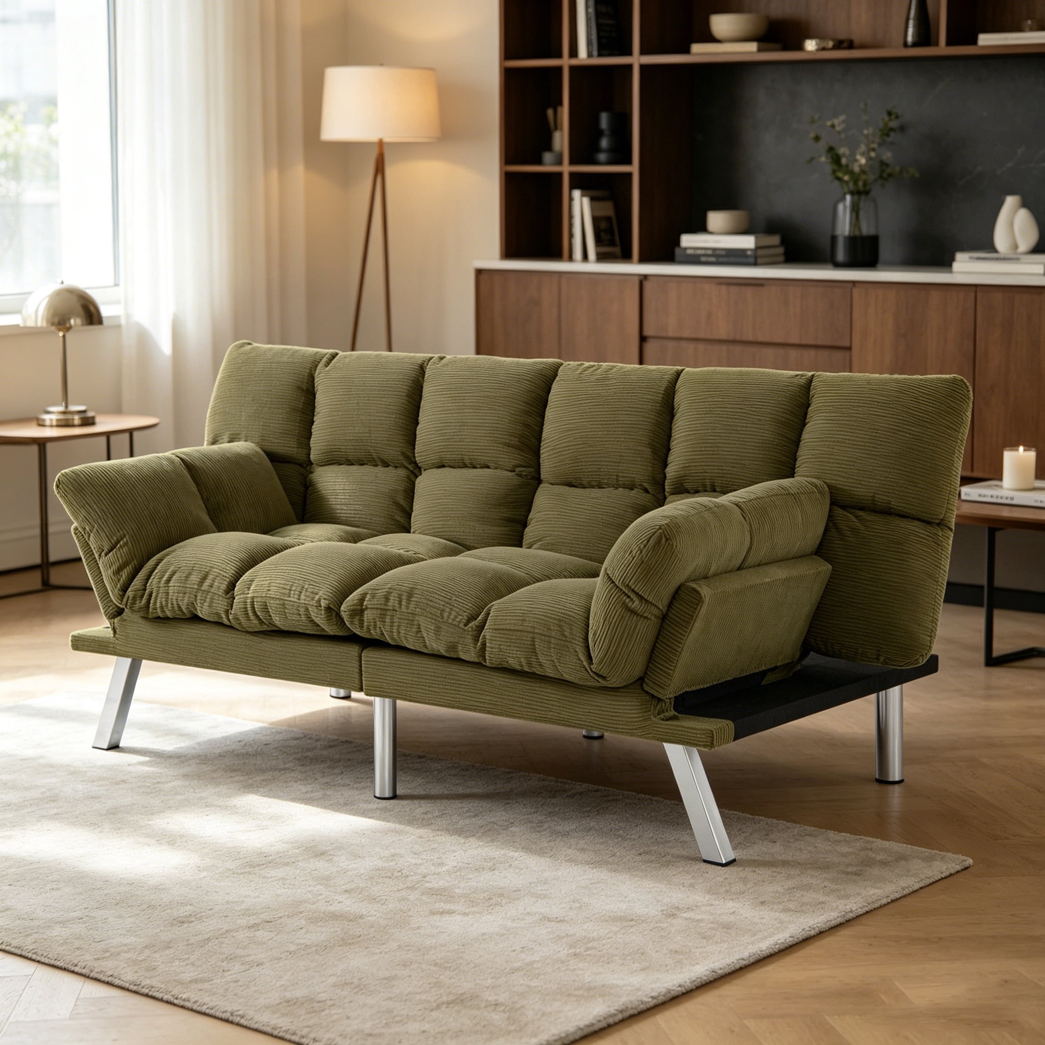 Gewnee 67.3 Inch Corduroy Convertible Sofa Bed,Upholstered Futon Couch with Adjustable Backrest,Suitable for Small Apartment,Dorm,Office,Green