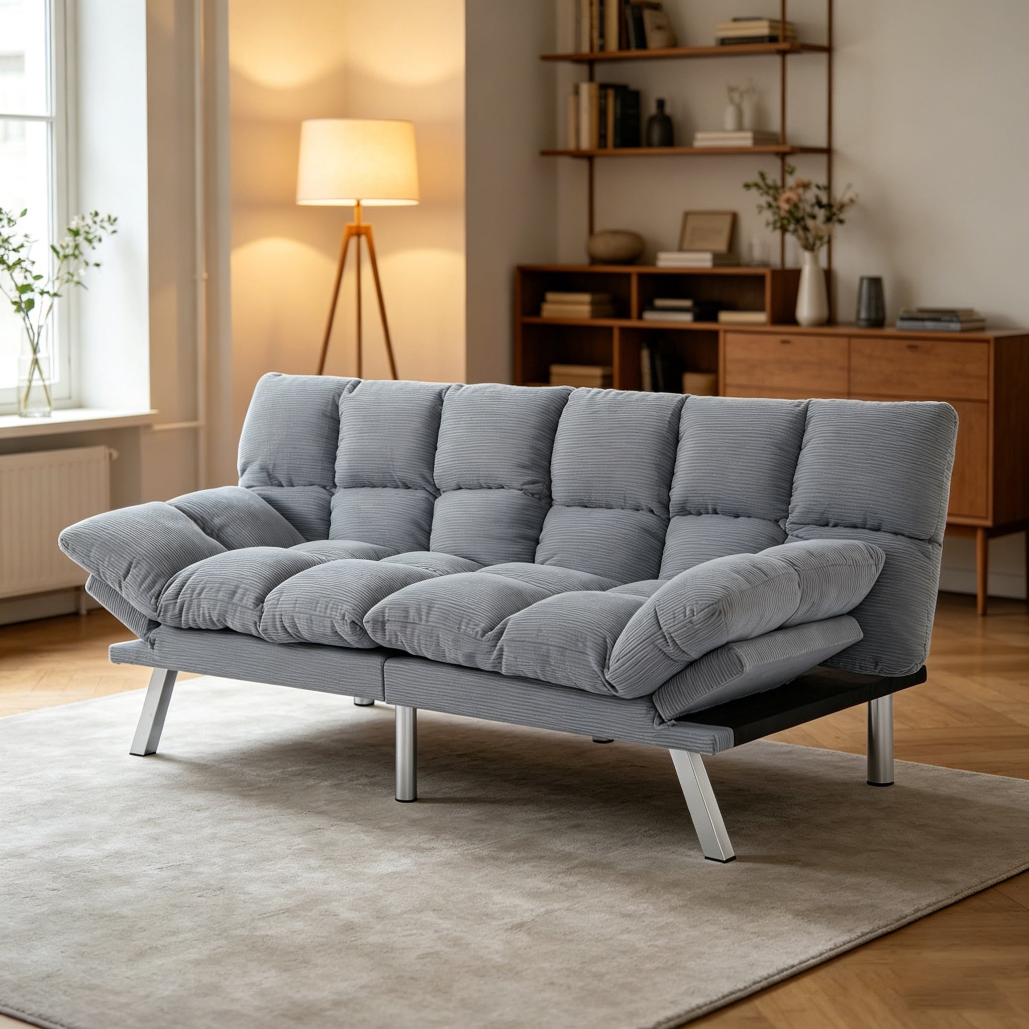 Gewnee 67.3 Inch Corduroy Convertible Sofa Bed,Upholstered Futon Couch with Adjustable Backrest,Suitable for Small Apartment,Dorm,Office,Gray