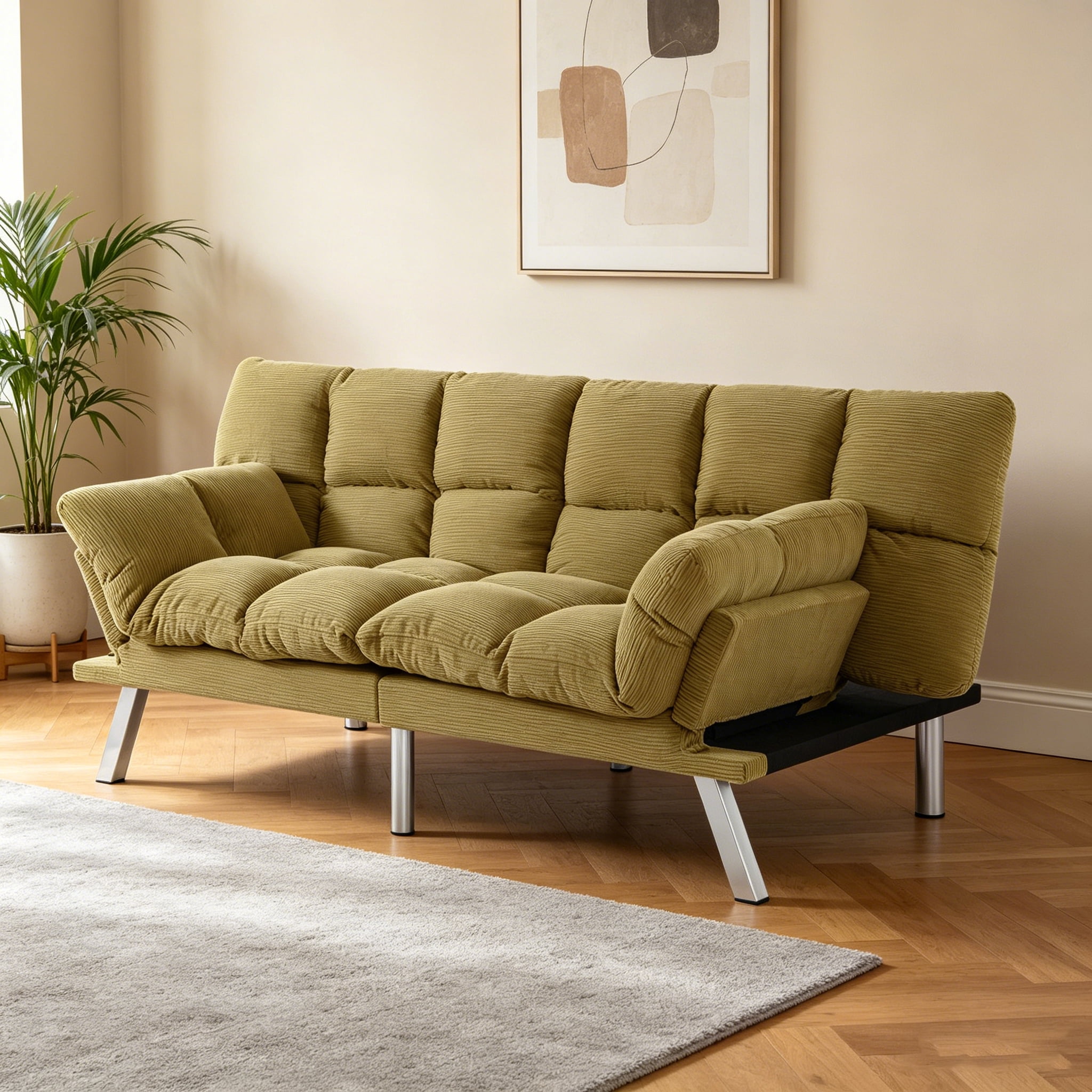 Gewnee 67.3 Inch Corduroy Convertible Sofa Bed,Upholstered Futon Couch with Adjustable Backrest,Suitable for Small Apartment,Dorm,Office,Yellow