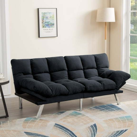 Gewnee 67.3 Inch Futon Sofa Bed, Corduroy Fabric Sleeper Sofa, Modern Loveseat for Apartments and Offices, Adjustable Backrest and Armrests.Black