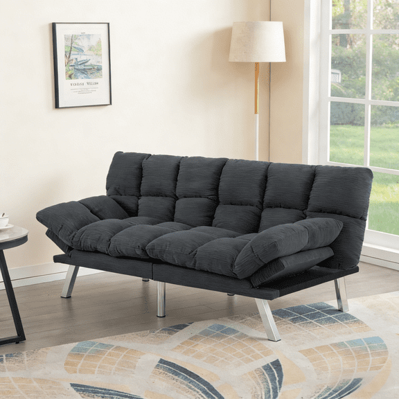 Gewnee 67.3 Inch Futon Sofa Bed, Corduroy Fabric Sleeper Sofa, Modern Loveseat for Apartments and Offices, Adjustable Backrest and Armrests.Dark Grey