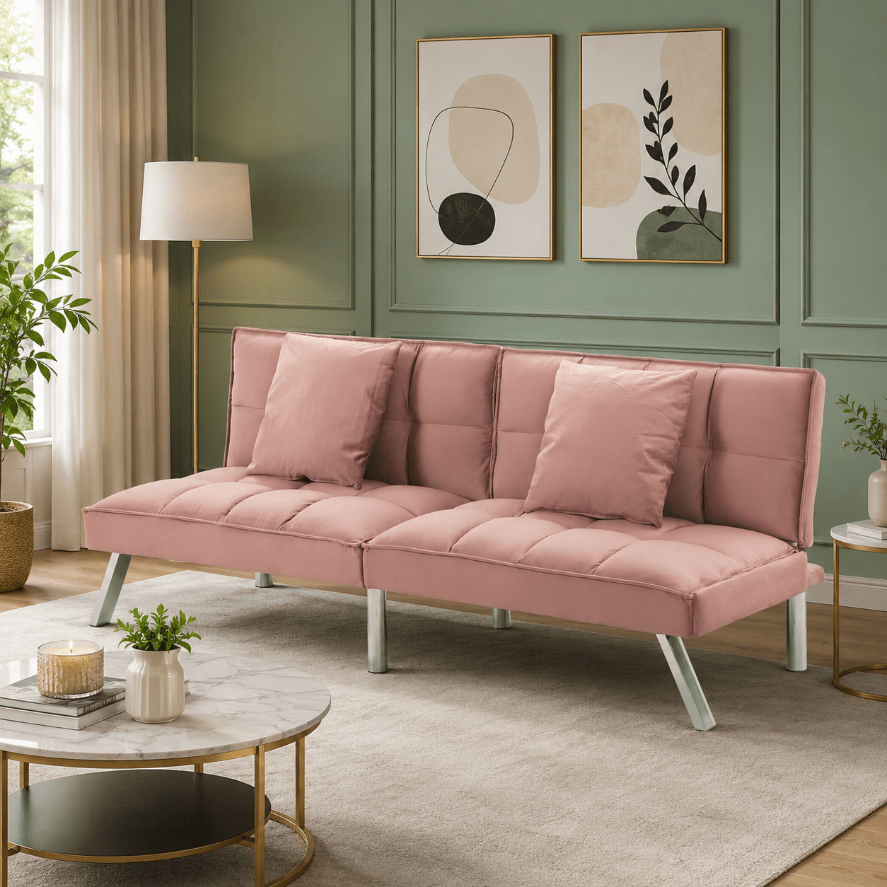 Gewnee 67.7" Futon Sofa Bed, Velvet Convertible Sleeper with Split-Back, Metal Legs for Living Room, Pink