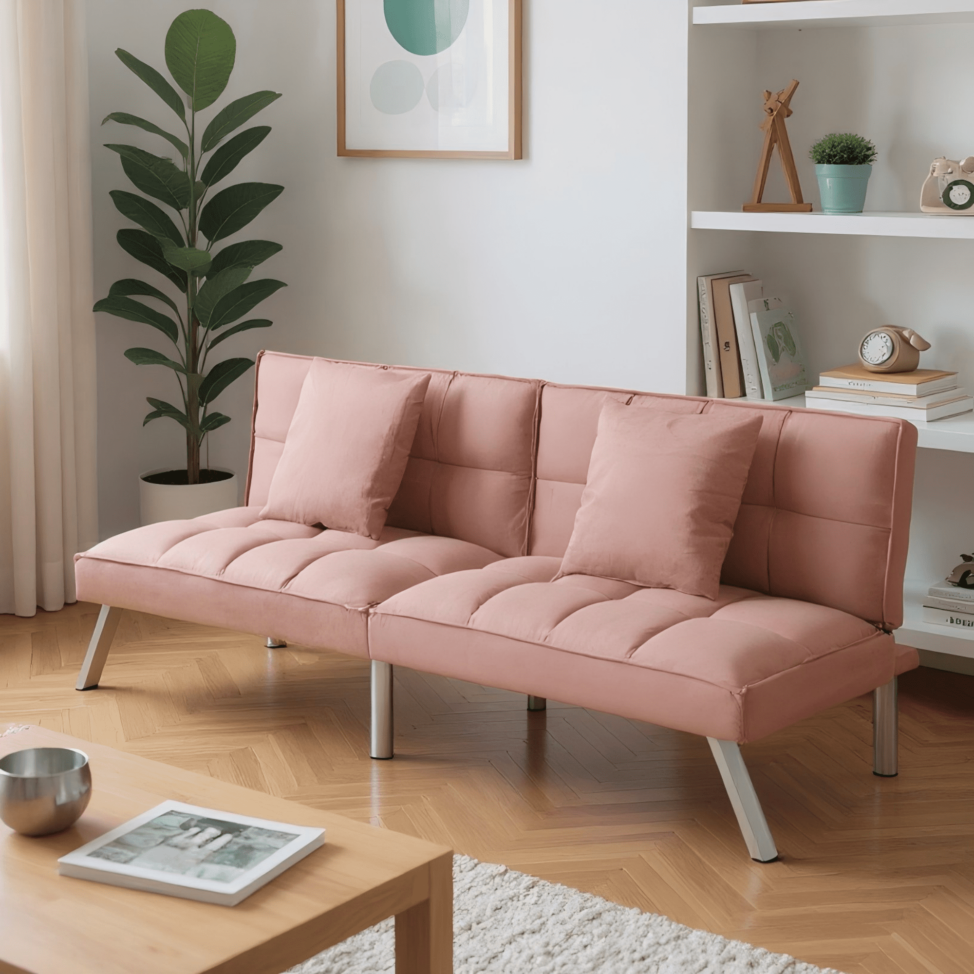 Gewnee Pink 67.7” Velvet Futon Sofa Bed, Modern Love Seat with Adjustable Backrest, 2 Throw Pillows, Suitable for Home, Office & Guest Room