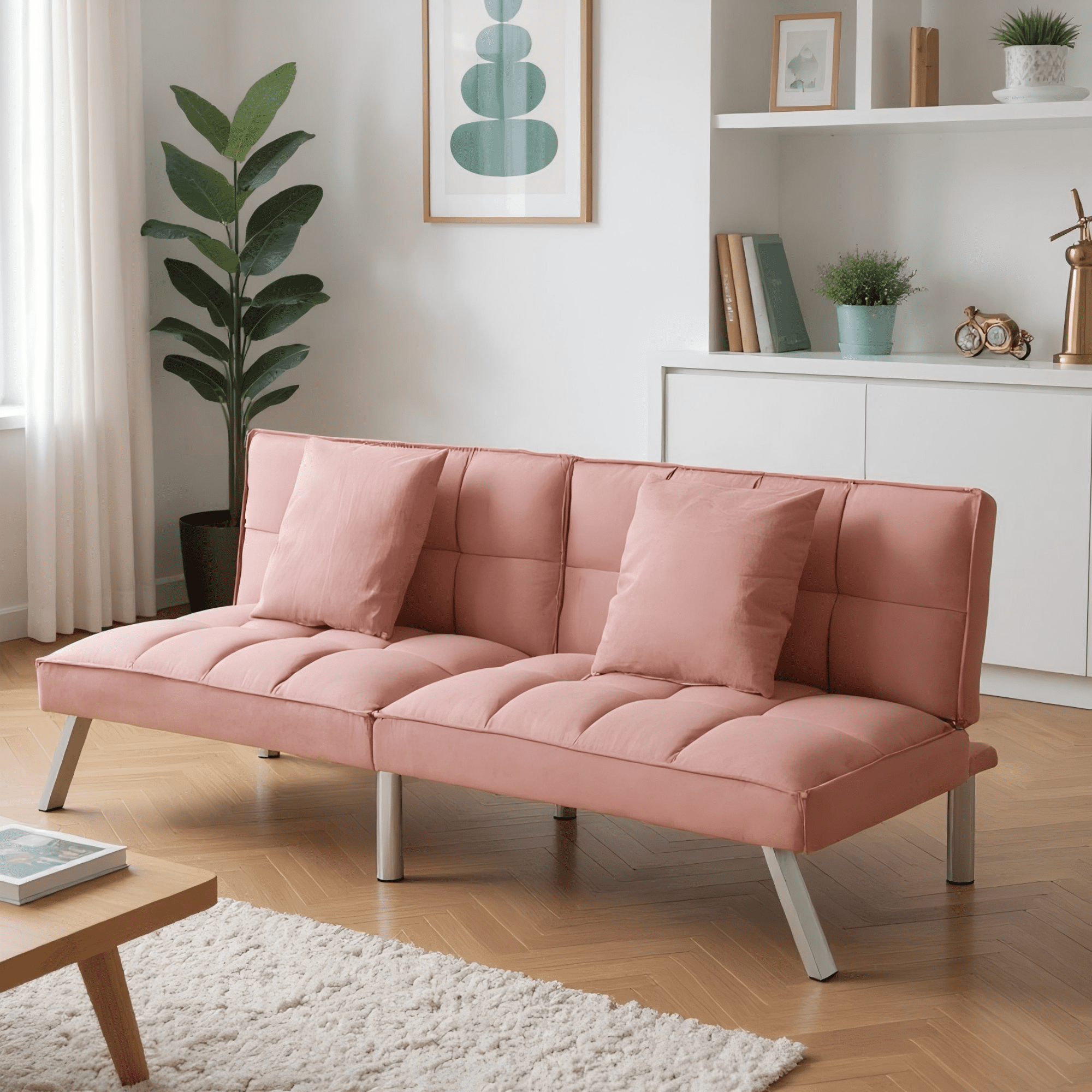Gewnee Rose Red 67.7” Velvet Futon Sofa Bed, Modern Love Seat with Adjustable Backrest, 2 Throw Pillows, Suitable for Home, Office & Guest Room