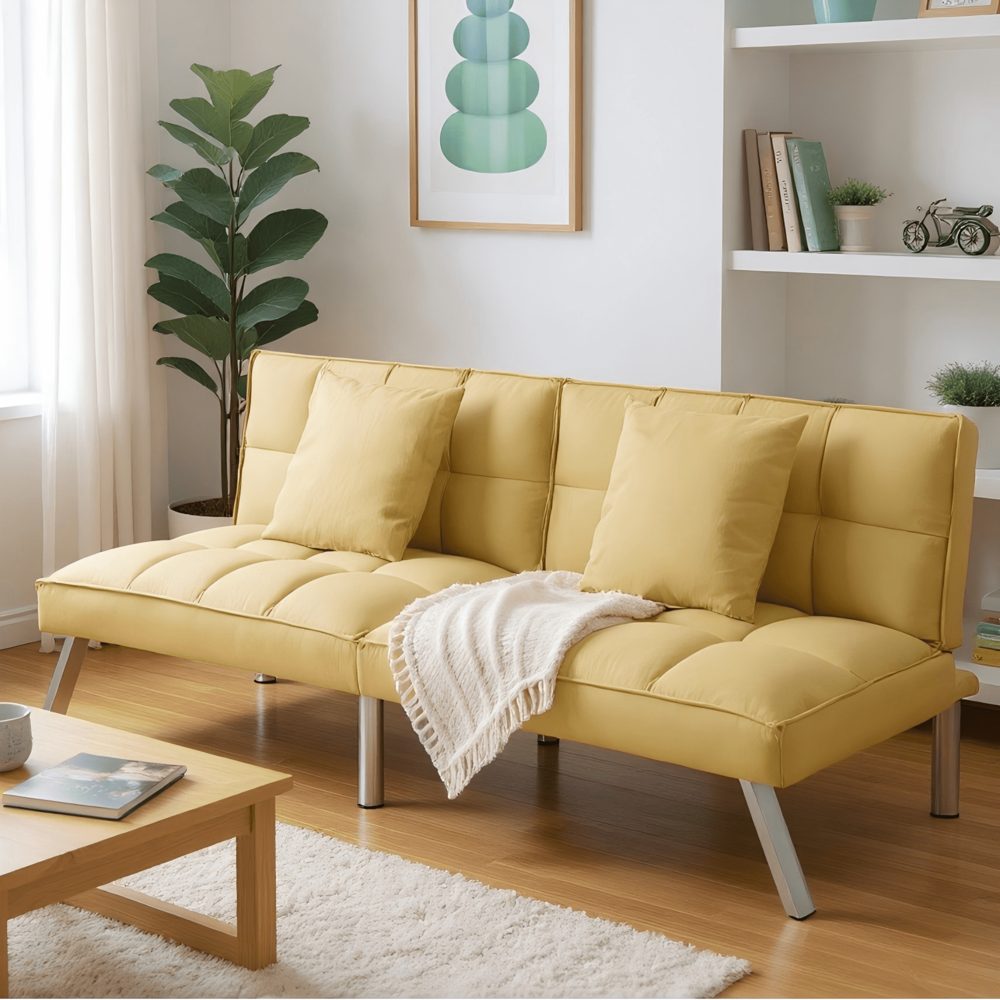 Gewnee Olive Green 67.7” Velvet Futon Sofa Bed, Modern Love Seat with Adjustable Backrest, 2 Throw Pillows, Suitable for Home, Office & Guest Room