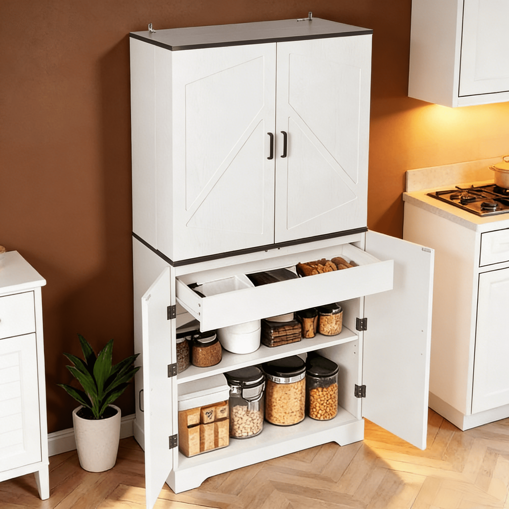 Gewnee 67.7" Modern Kitchen Pantry Cabinet with Magnetic Lock,Adjustable Shelves & Door Storage - Versatile Storage Cabinet for Kitchen,Dining or Living Room Organizer