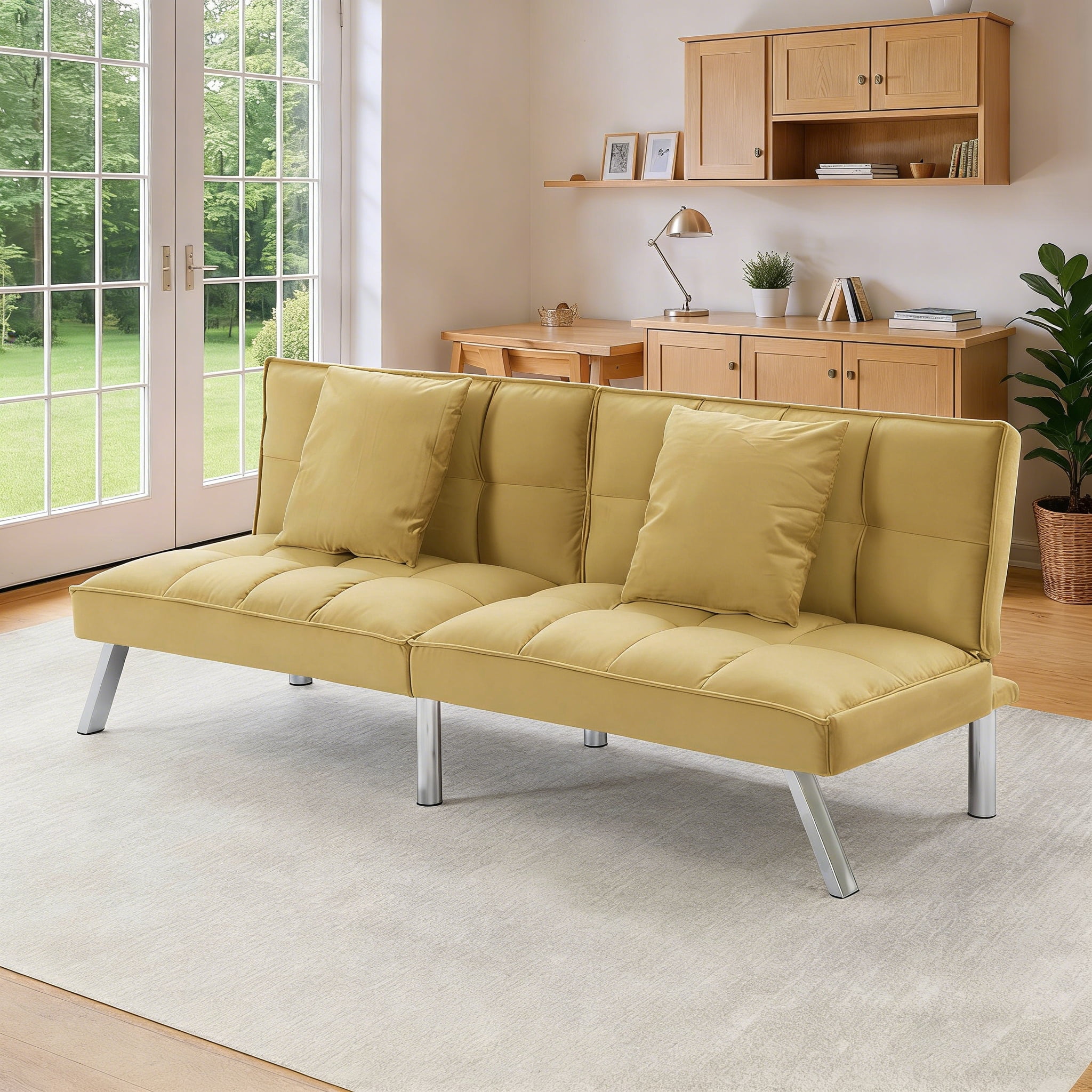 Gewnee 67.7”Velvet Futon Sofa Bed Convertible Sleeper Sofa with Split-Back 5 Adjustable Angles,Metal Legs & 2 Toss Pillows for Living Room,Office,Guest Room.Olive