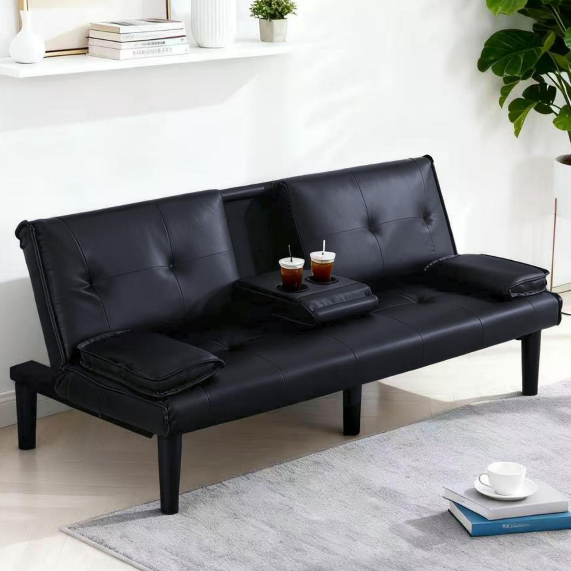 Gewnee 67 Inch Futon Sofa Bed,PVC Loveset Sofa with Cup Holder,Modern Sleeper Couch Bed for Apartment/Dorm/Small Office.Black