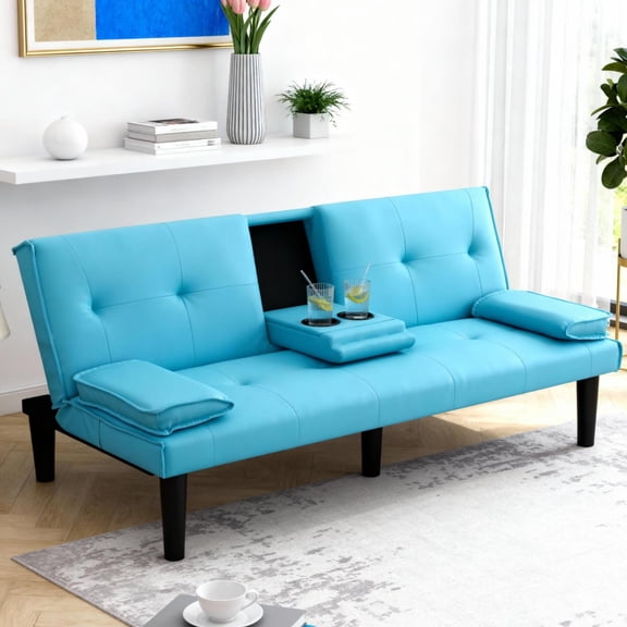 Gewnee 67 Inch Futon Sofa Bed,PVC Loveset Sofa with Cup Holder,Modern Sleeper Couch Bed for Apartment/Dorm/Small Office.Blue