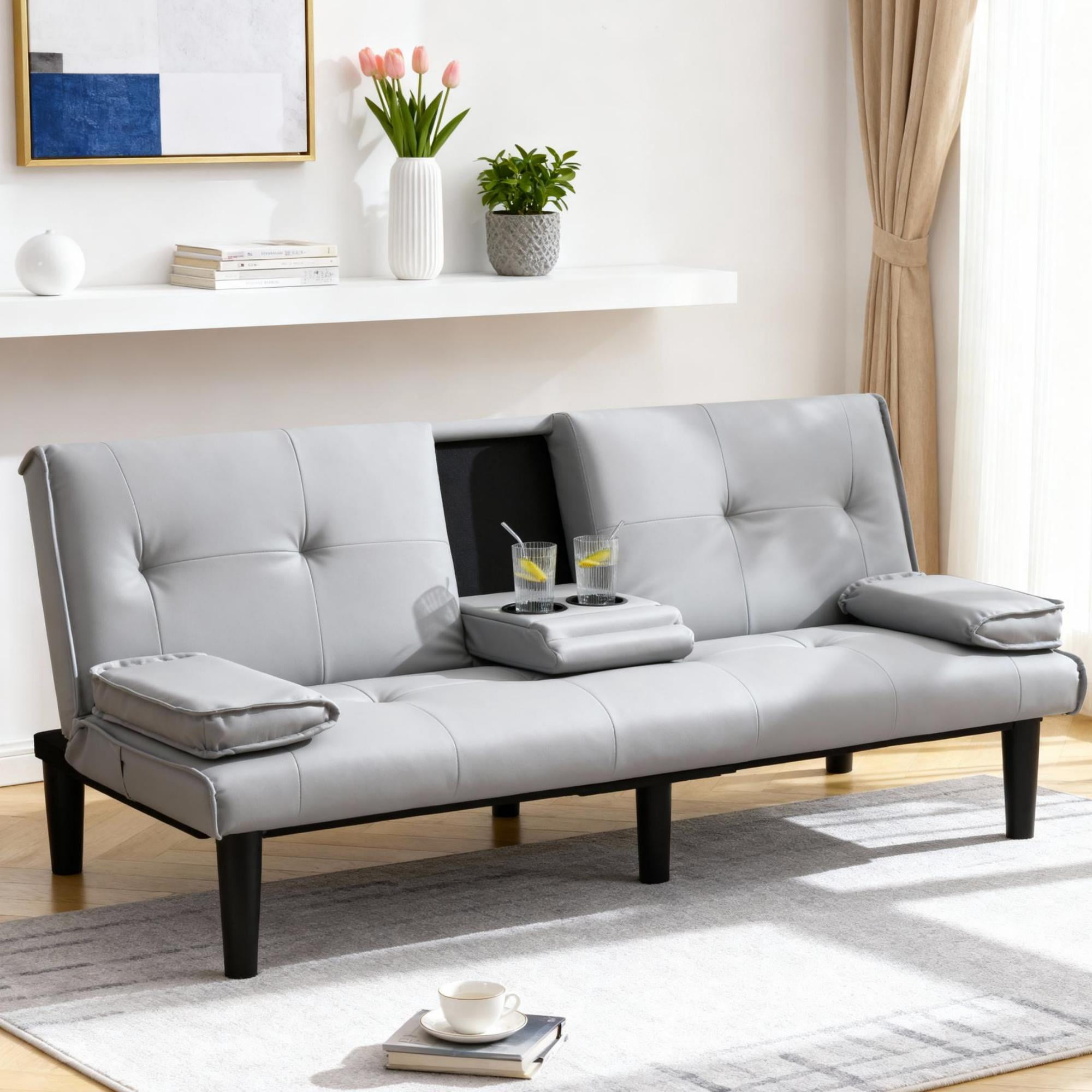 Gewnee 67 Inch Futon Sofa Bed,PVC Loveset Sofa with Cup Holder,Modern Sleeper Couch Bed for Apartment/Dorm/Small Office.Light Grey