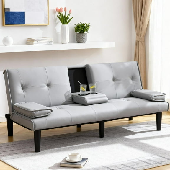 Gewnee 67 Inch Futon Sofa Bed,PVC Loveset Sofa with Cup Holder,Modern Sleeper Couch Bed for Apartment/Dorm/Small Office.Light Grey