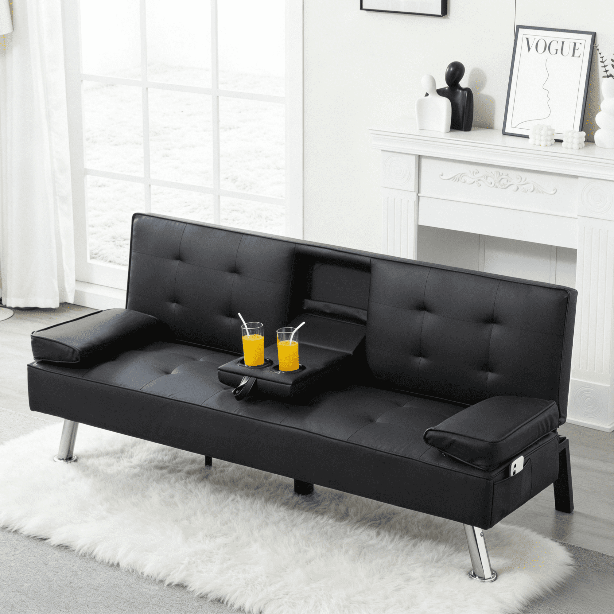 Gewnee 65.35 inch PU Foldable Sofa Bed,Adjustable Recliner Angle with 2 Cup Holders,Suitable for Living Room、Guest Room、Office（Black）