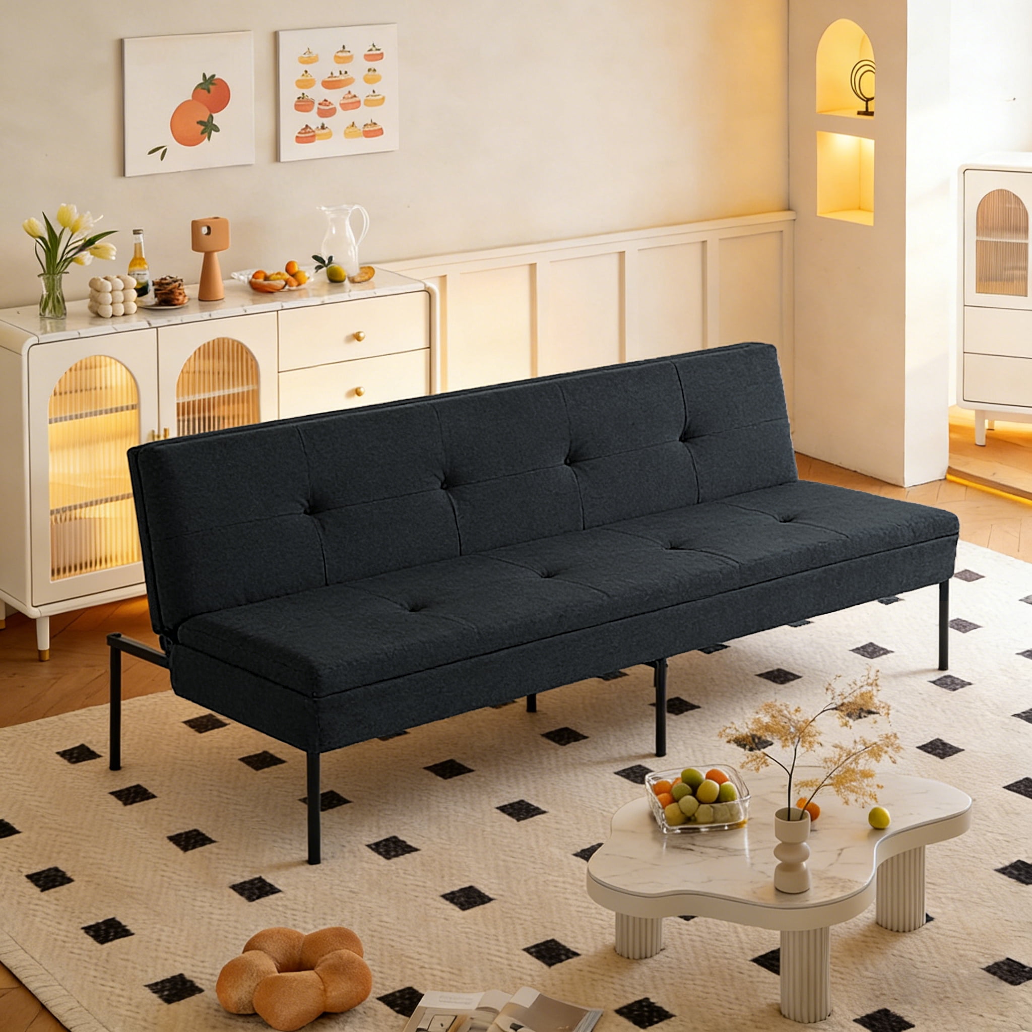 Gewnee 69.88'' Futon Sofa Bed,Convertible Sleeper Sofa,5-Position Adjustable Backrest,Modern Polyester Upholstery,All-Iron Frame-for Living Room,Apartment,Office,Dorm.Black