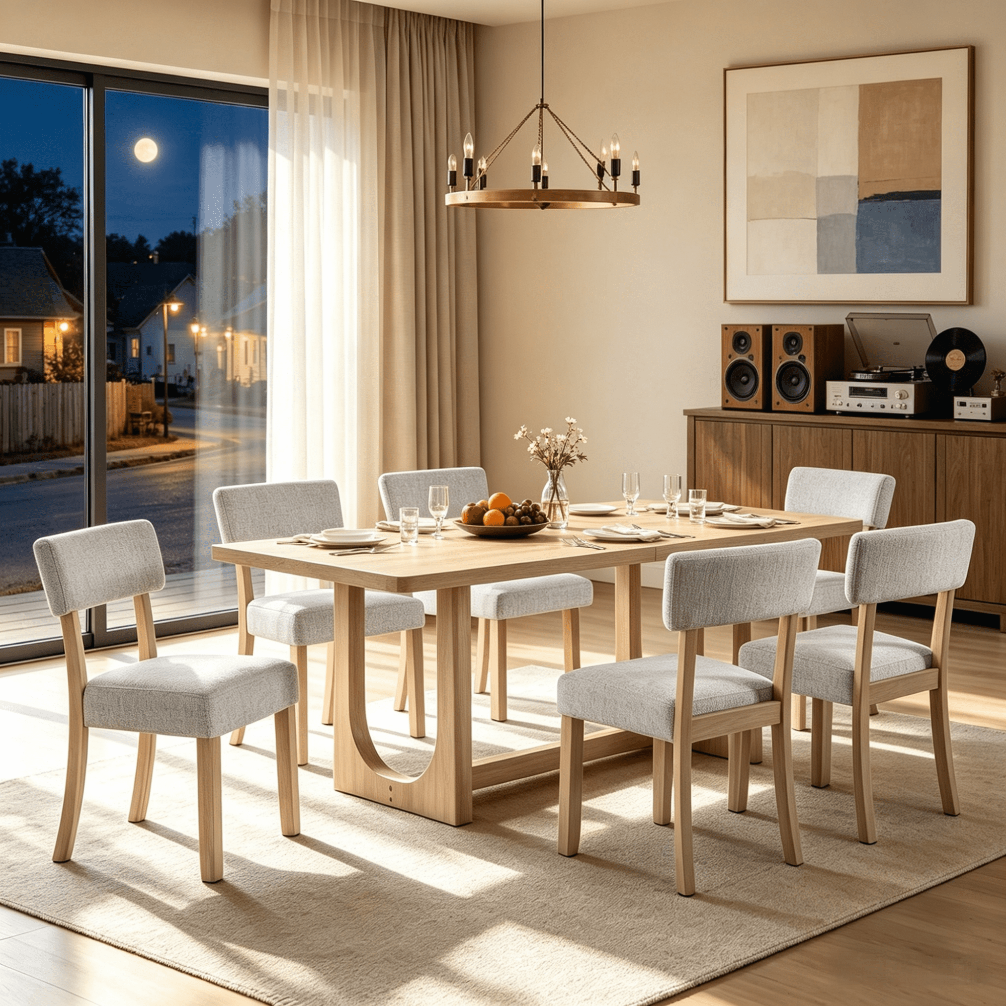 Gewnee 7-Piece Dining Table & Chairs Set for 6,68" U-Shaped Base Rectangular Table with 6 Linen Upholstered Chairs,Farmhouse Kitchen Table Set for Dining Room.Light Oak
