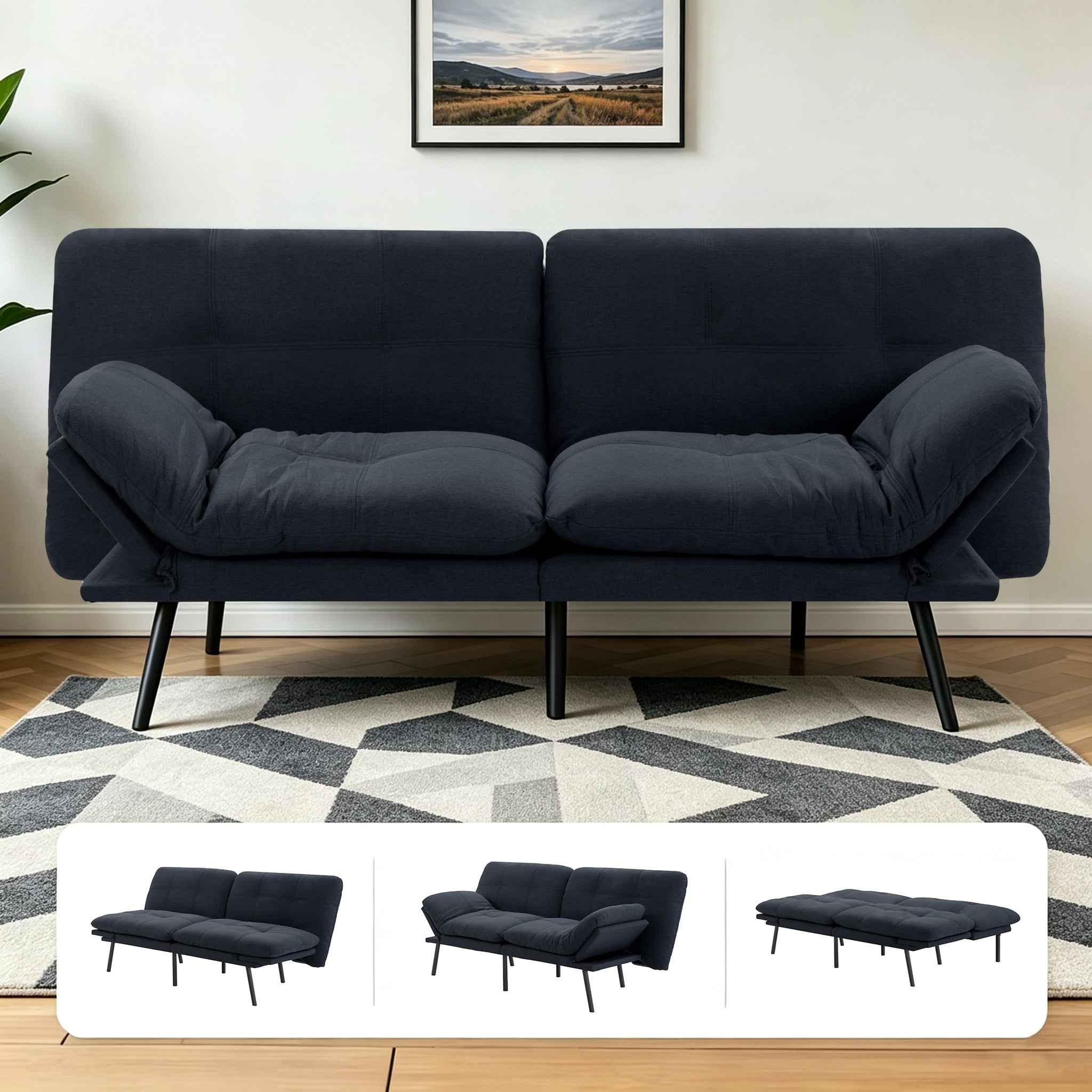 Gewnee 70.87"Linen Convertible Futon Sofa Bed,Modern Folding Sleeper-5-Position Adjustable Backrest,Split-Back,for Small Spaces,Office.Black