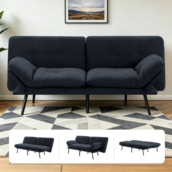 Gewnee 70.87"Linen Convertible Futon Sofa Bed,Modern Folding Sleeper-5-Position Adjustable Backrest,Split-Back,for Small Spaces,Office.Black