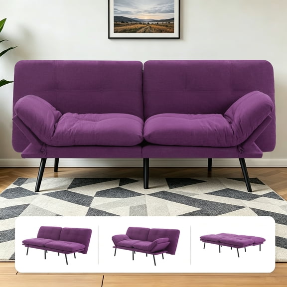Gewnee 70.87"Linen Convertible Futon Sofa Bed,Modern Folding Sleeper-5-Position Adjustable Backrest,Split-Back,for Small Spaces,Office.Purple