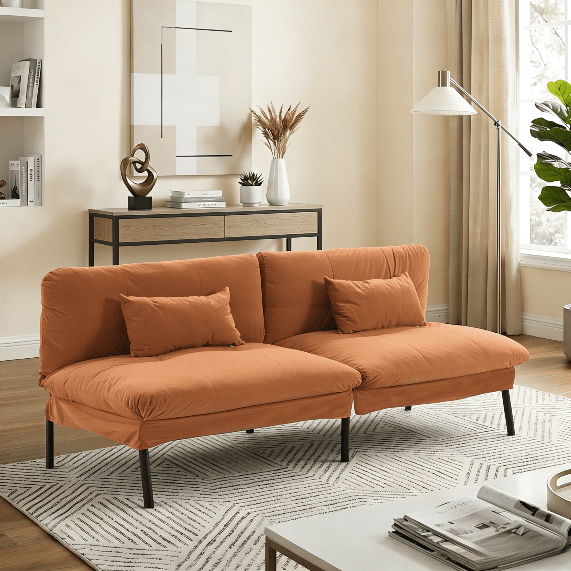 Gewnee 70" Convertible Futon Sofa Bed – Velvet Upholstery,Metal Frame,5-Position Adjustable Backrest,Split-Back Design,Space-Saving Couch for Home, Office,Guest Room.Orange
