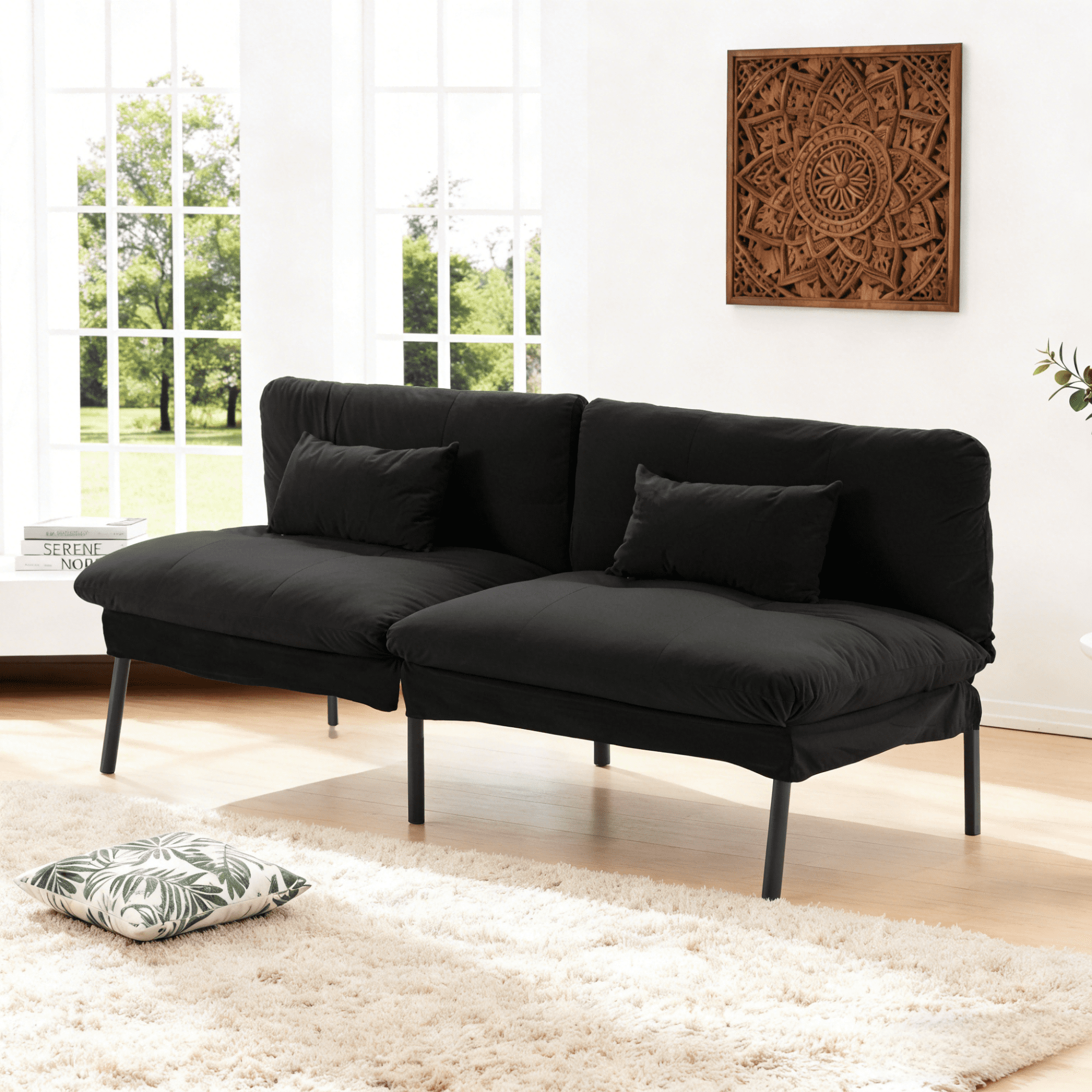 Gewnee 70" Convertible Futon Sofa Bed – Velvet Upholstery,Metal Frame,5-Position Adjustable Backrest,Split-Back Design,Space-Saving Couch for Home, Office,Guest Room.Black