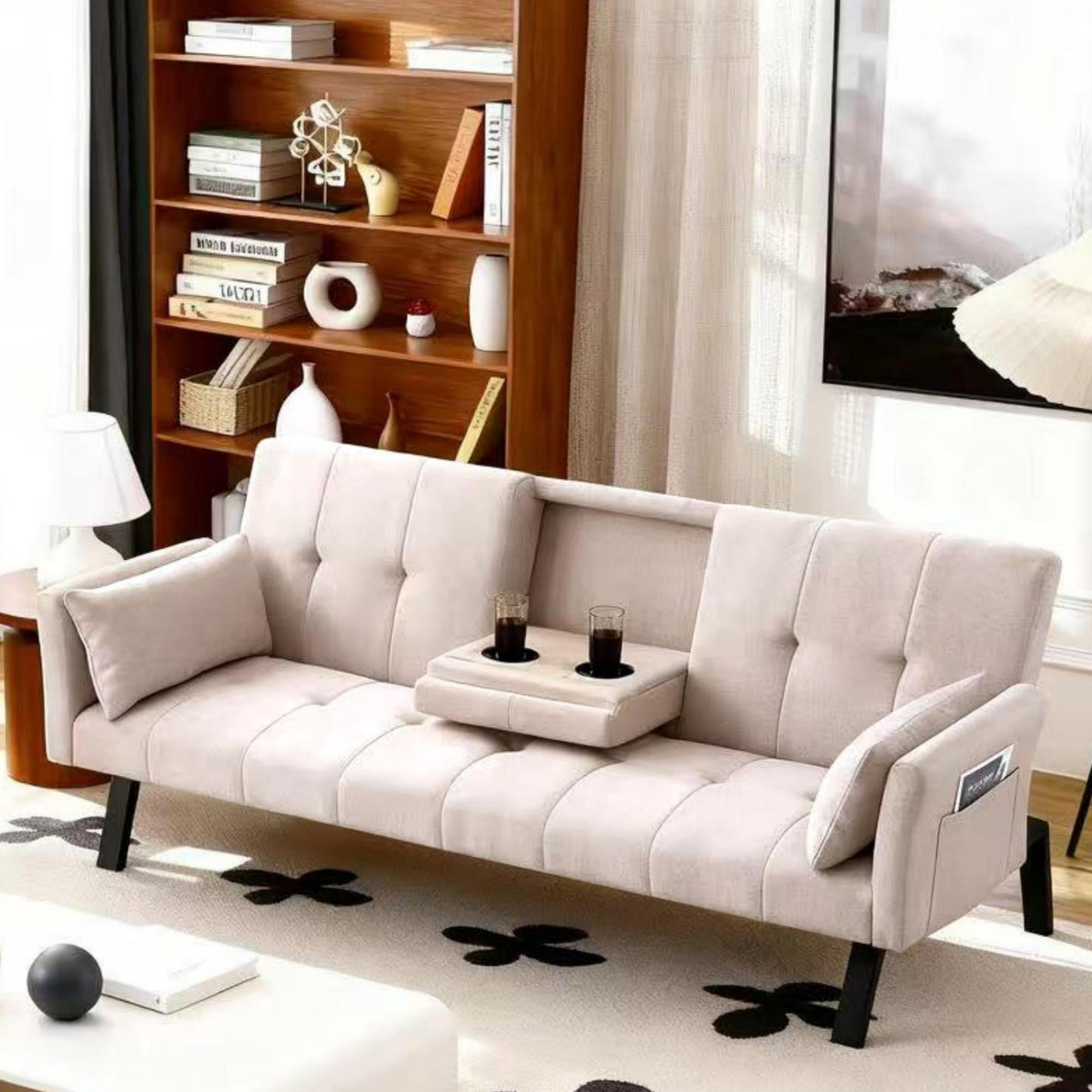 Gewnee 70''Foldable Sofa Bed,2-in-1 Convertible Couch With Adjustable Backrest、Cup Holder & Armrest Storage.Suitable for Small Spaces,Apartments.Beige