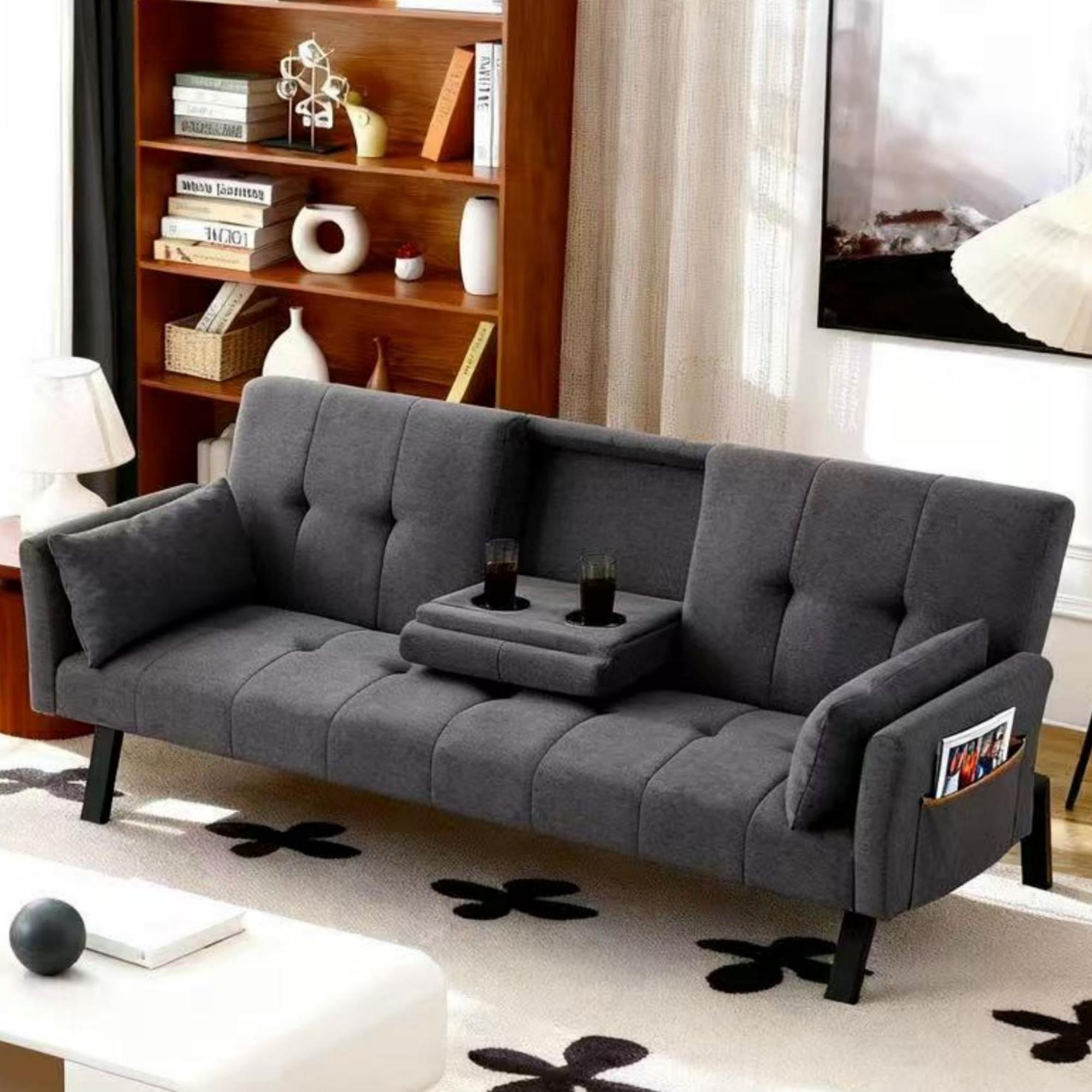 Gewnee 70''Foldable Sofa Bed,2-in-1 Convertible Couch With Adjustable Backrest、Cup Holder & Armrest Storage.Suitable for Small Spaces,Apartments.Dark Grey