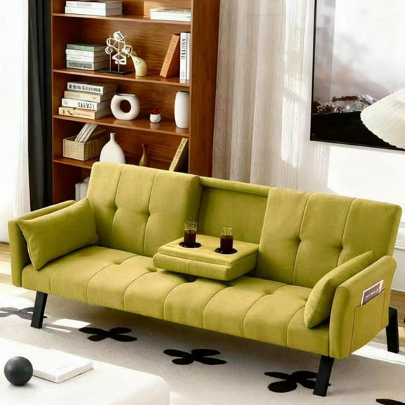 Gewnee 70''Foldable Sofa Bed,2-in-1 Convertible Couch With Adjustable Backrest、Cup Holder & Armrest Storage.Suitable for Small Spaces,Apartments.Green