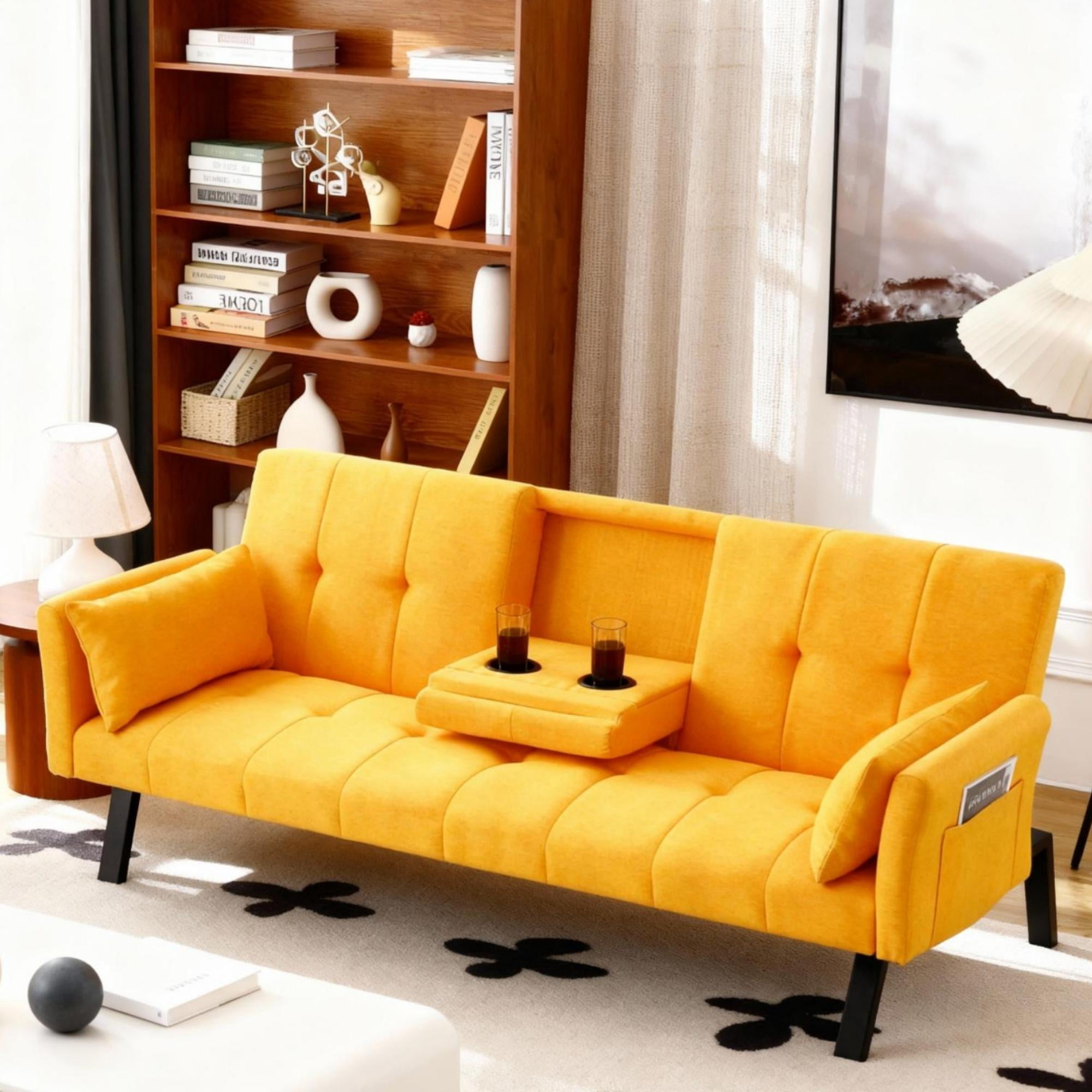 Gewnee 70''Foldable Sofa Bed,2-in-1 Convertible Couch With Adjustable Backrest、Cup Holder & Armrest Storage.Suitable for Small Spaces,Apartments.Yellow