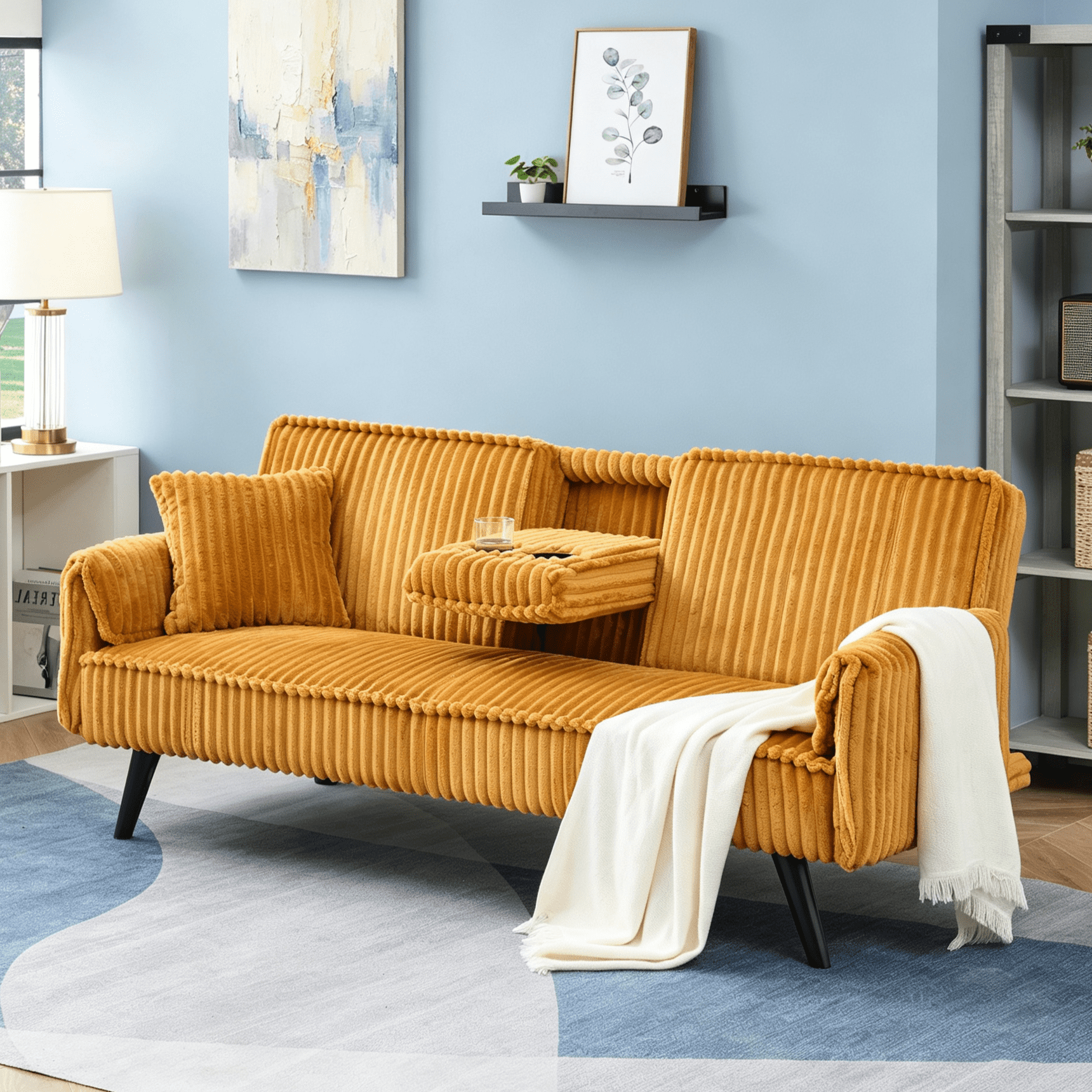 Gewnee 72" 3‑Seat Convertible Sleeper Sofa, Corduroy Couch with Retractable Cup Holders, 3‑Position Adjustable Backrest sofa bed for Living Room Bedroom,Orange