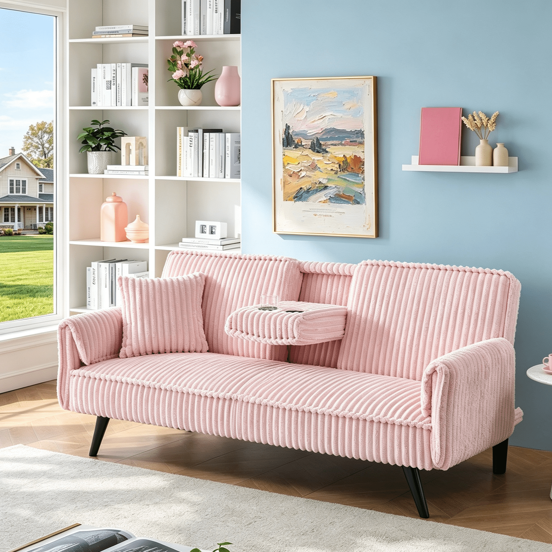 Gewnee 72" 3‑Seat Convertible Sleeper Sofa, Corduroy Couch with Retractable Cup Holders, 3‑Position Adjustable Backrest sofa bed for Living Room Bedroom,Pink