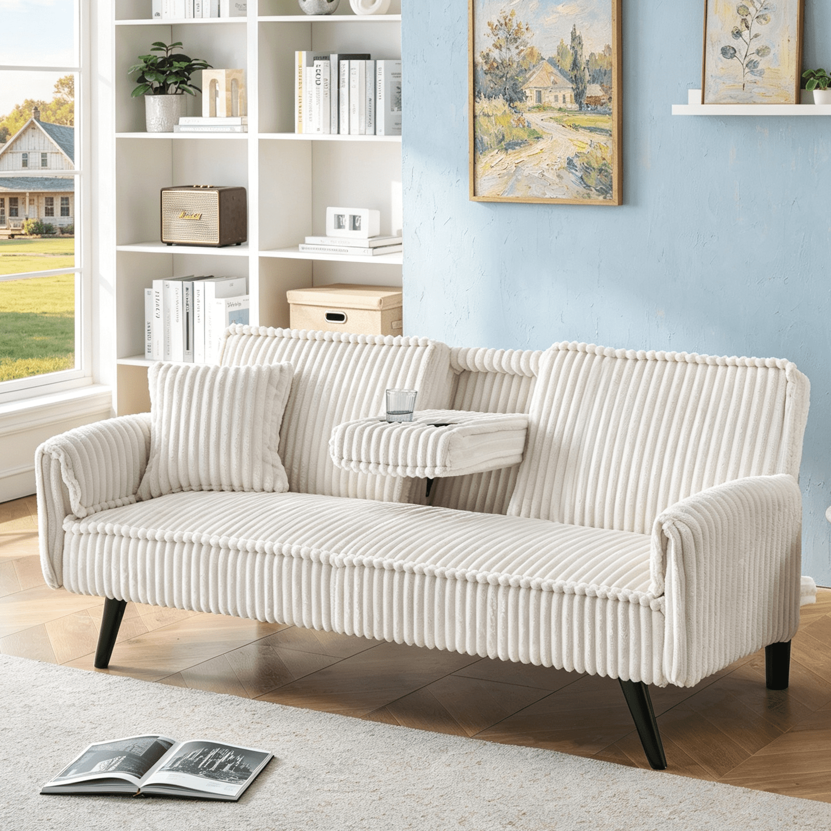 Gewnee 72" 3‑Seat Convertible Sleeper Sofa, Corduroy Couch with Retractable Cup Holders, 3‑Position Adjustable Backrest sofa bed for Living Room Bedroom,White