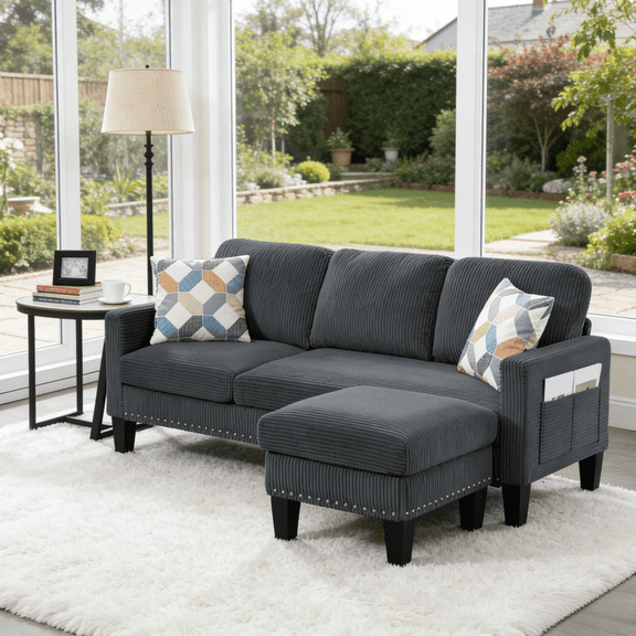 Gewnee 72.64" L-Shaped Sectional Sofa with Movable Ottoman,Modern 3-Seater Couch with Storage Pocket,Nailhead Trim,2 Pillows,Removable Cushion Covers for Living Room,Bedroom.Dark Grey