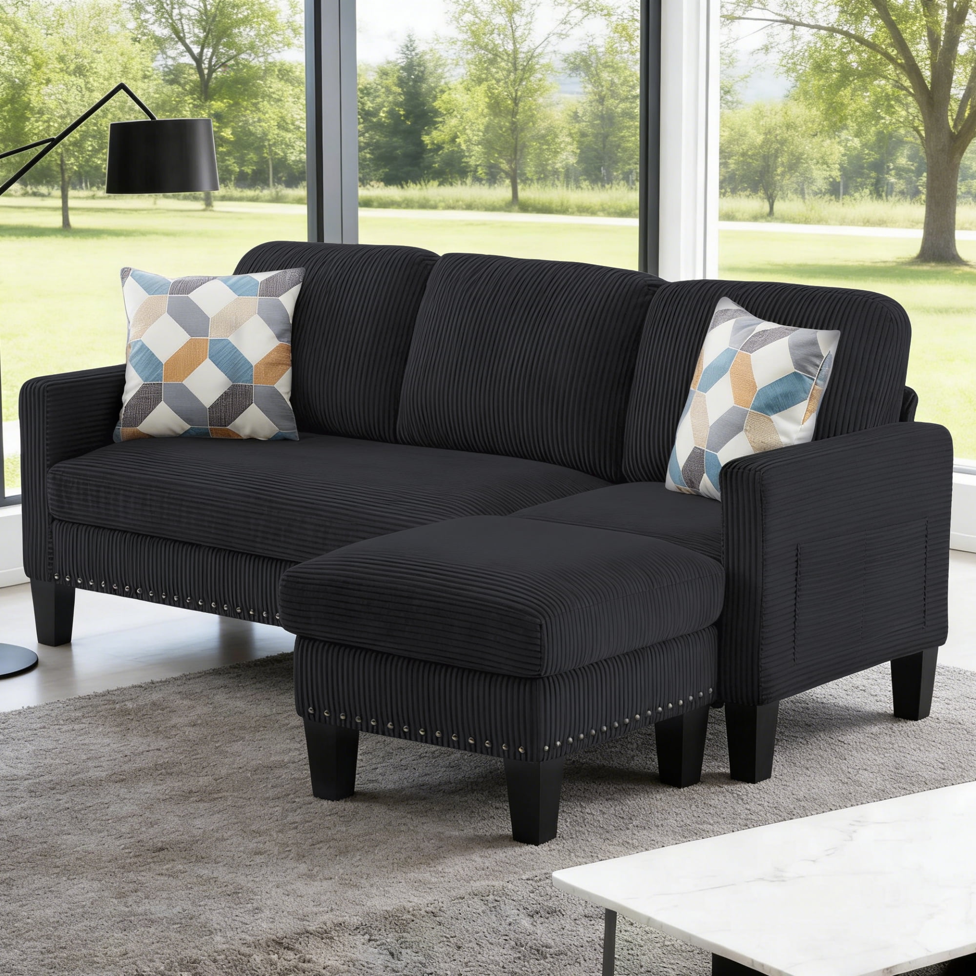 Gewnee 72.64"L-Shaped Sectional Sofa with Movable Ottoman,3-Seater Modern Reversible Chaise,Storage Pocket&Pillows,for Living Room,Office.Black