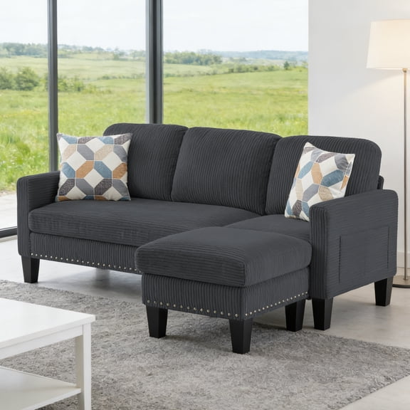 Gewnee 72.64"L-Shaped Sectional Sofa with Movable Ottoman,3-Seater Modern Reversible Chaise,Storage Pocket&Pillows,for Living Room,Office.Dark Grey