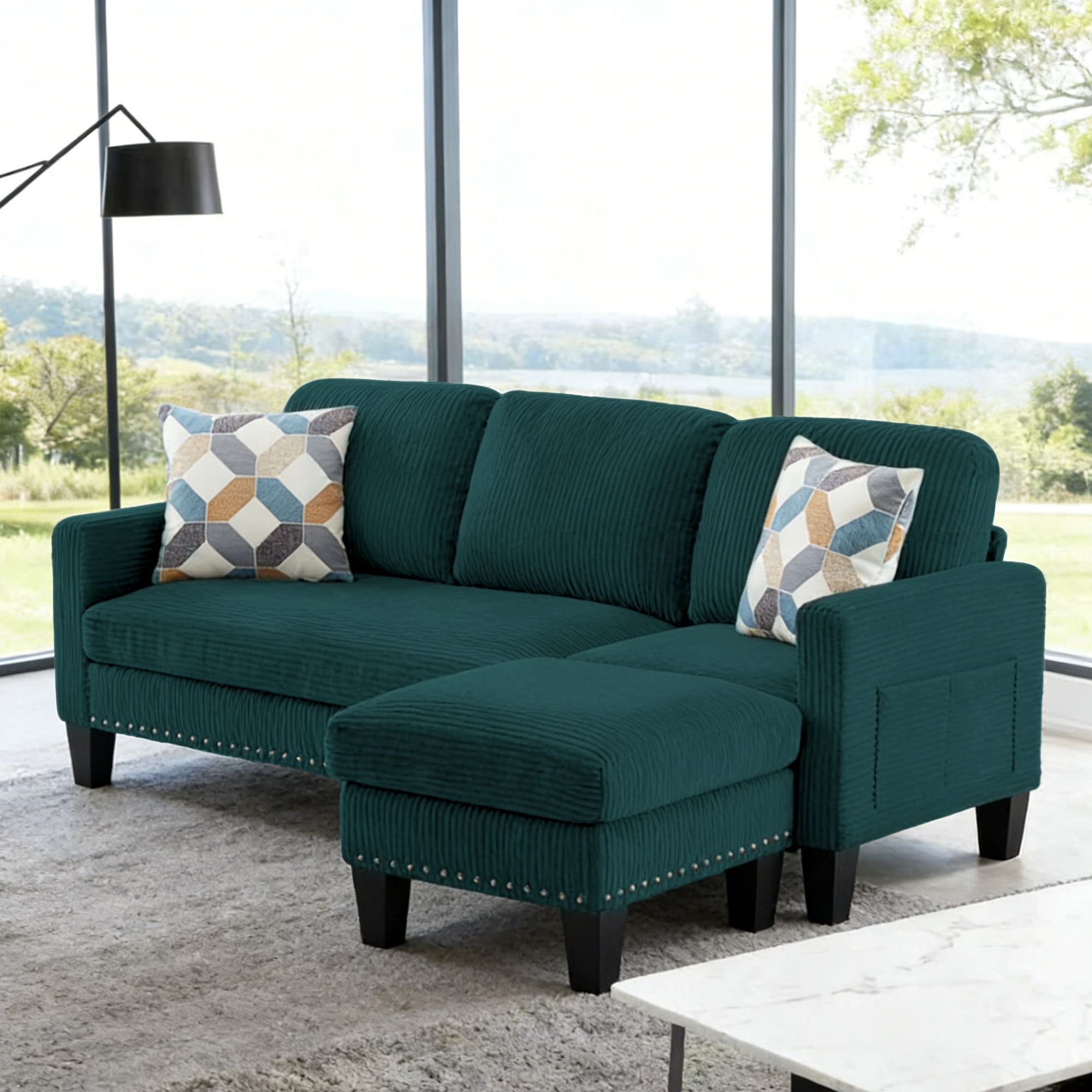 Gewnee 72.64"L-Shaped Sectional Sofa with Movable Ottoman,3-Seater Modern Reversible Chaise,Storage Pocket&Pillows,for Living Room,Office.Green