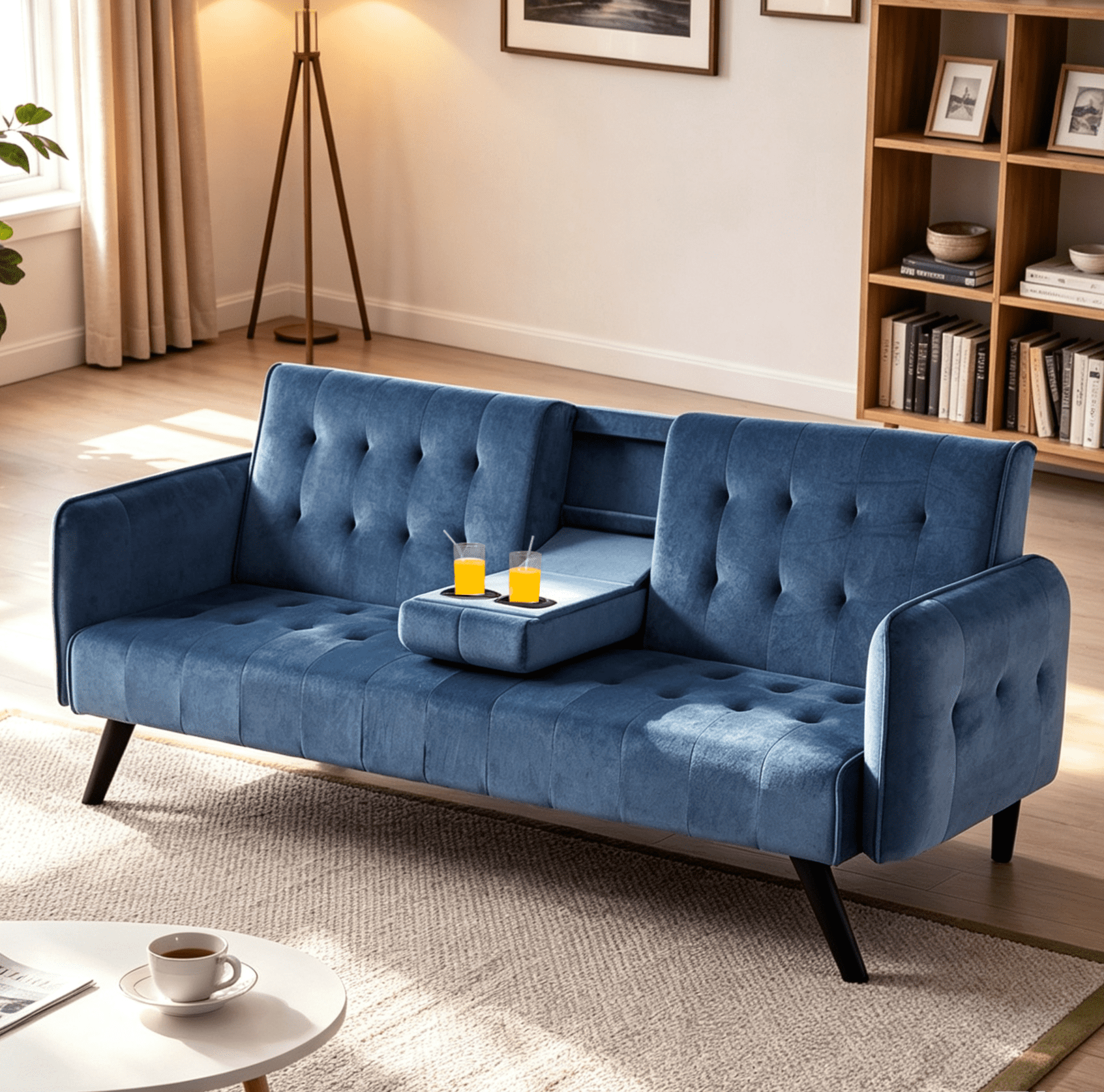 Gewnee 72" Convertible Sofa Bed,Tufted Velvet 3‑Seater Folding Futon Sleeper Couch with Cup Holders,Modern Couch for Home and Guest Room，Blue