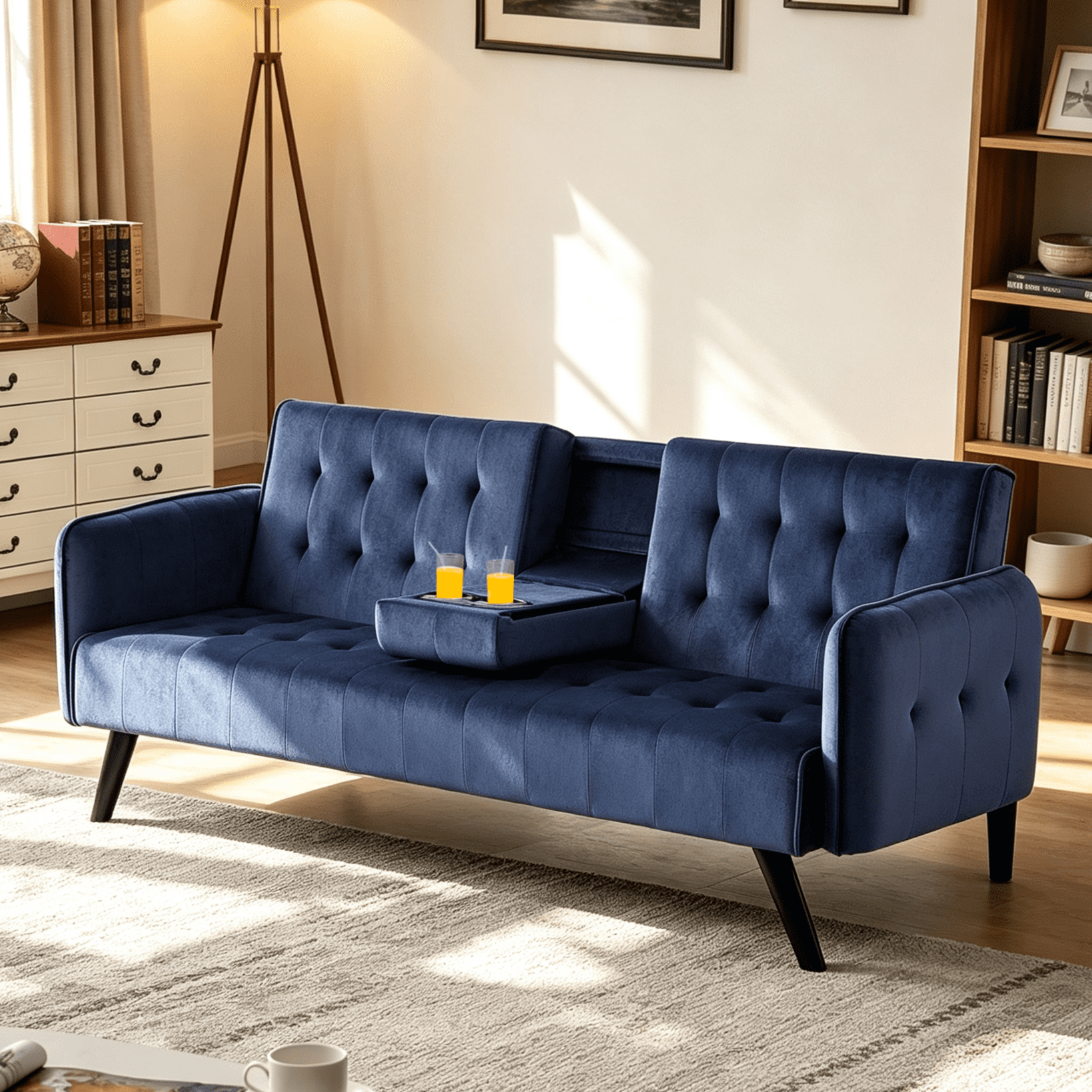 Gewnee 72" Convertible Sofa Bed,Tufted Velvet 3‑Seater Folding Futon Sleeper Couch with Cup Holders,Modern Couch for Home and Guest Room，Dark Blue