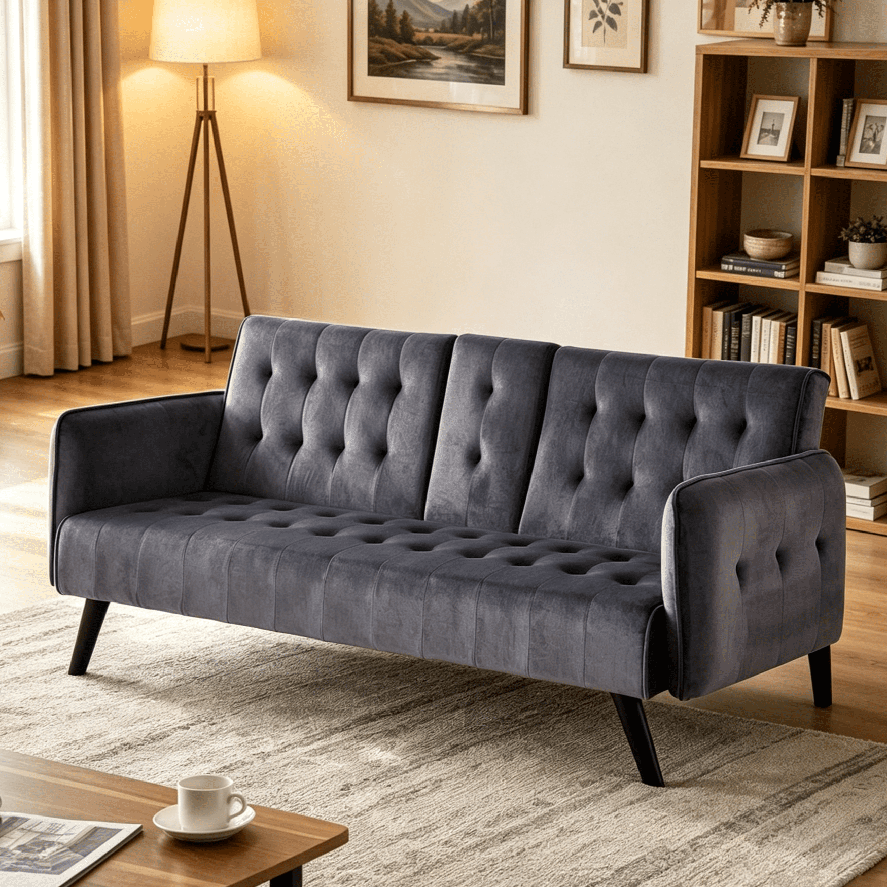Gewnee 72" Convertible Sofa Bed,Tufted Velvet 3‑Seater Folding Futon Sleeper Couch with Cup Holders,Modern Couch for Home and Guest Room，Dark Gray