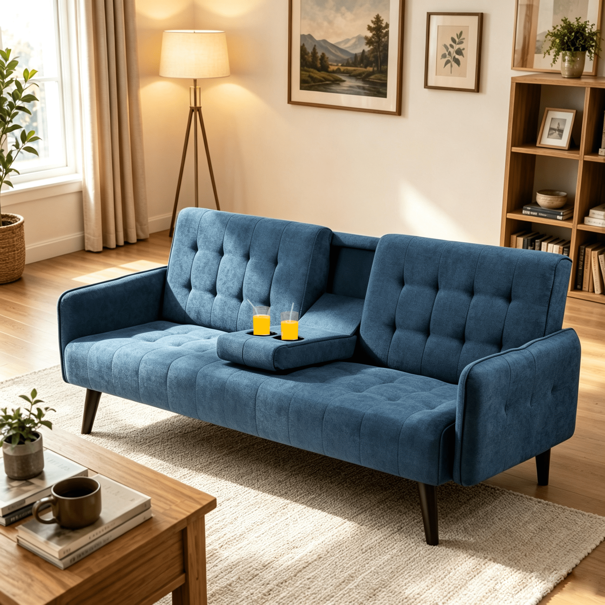 Gewnee 72" Sleeper Sofa Bed, Convertible Linen Futon Couch with Folding Backrest with Cup Holder,Modern Couch for Home and Guest Room，Blue
