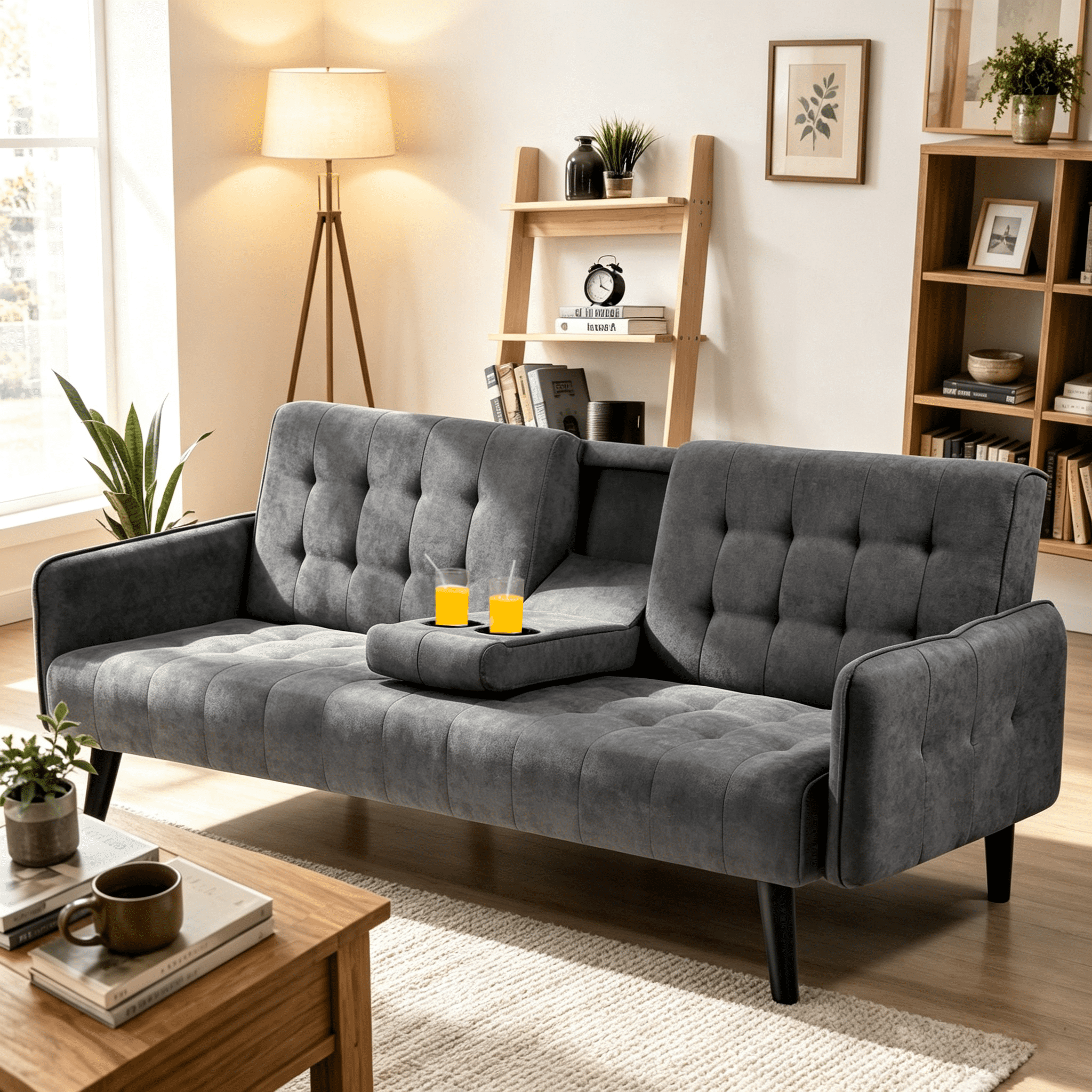 Gewnee 72" Sleeper Sofa Bed, Convertible Linen Futon Couch with Folding Backrest with Cup Holder,Modern Couch for Home and Guest Room，Dark Gray