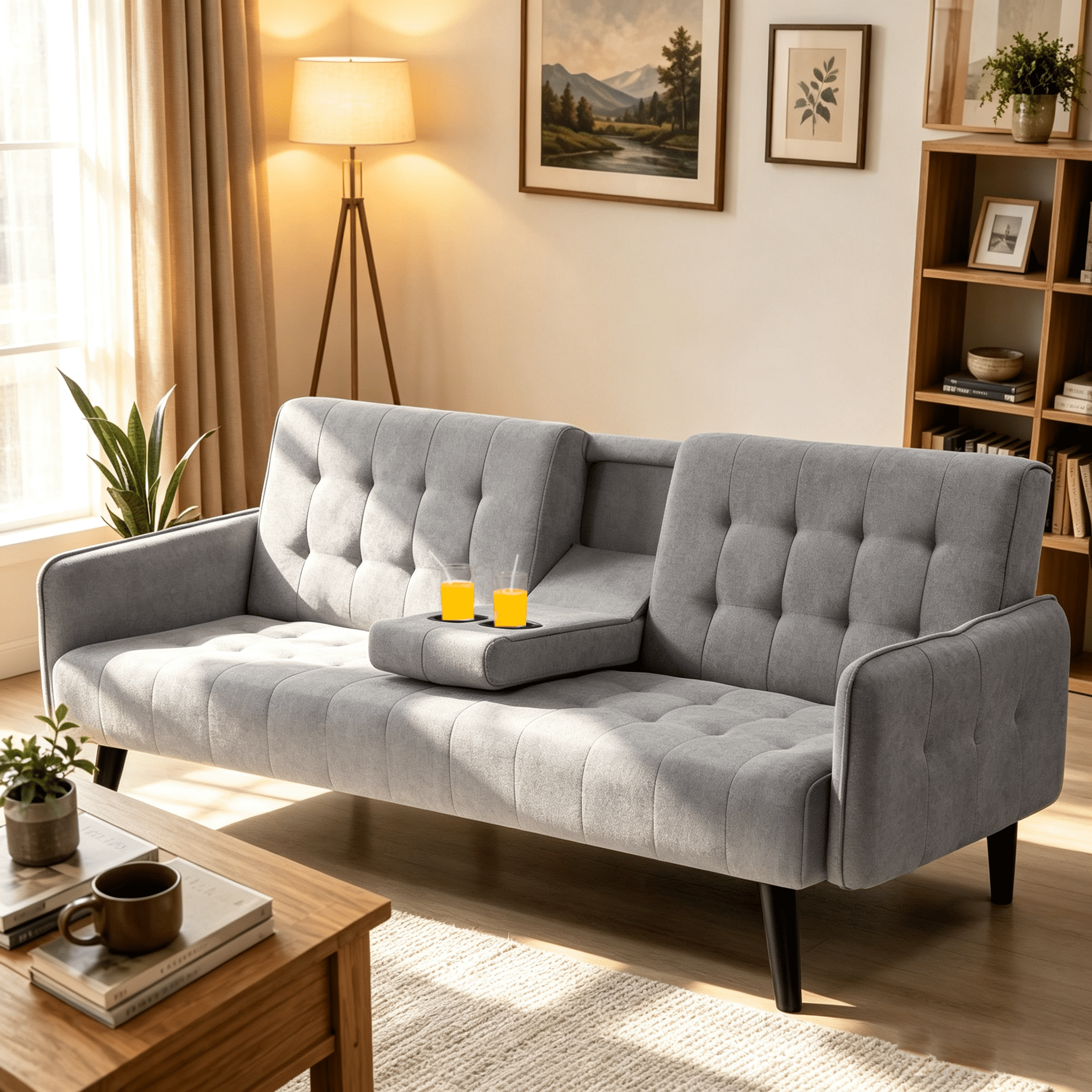 Gewnee 72" Sleeper Sofa Bed, Convertible Linen Futon Couch with Folding Backrest with Cup Holder,Modern Couch for Home and Guest Room，Gray