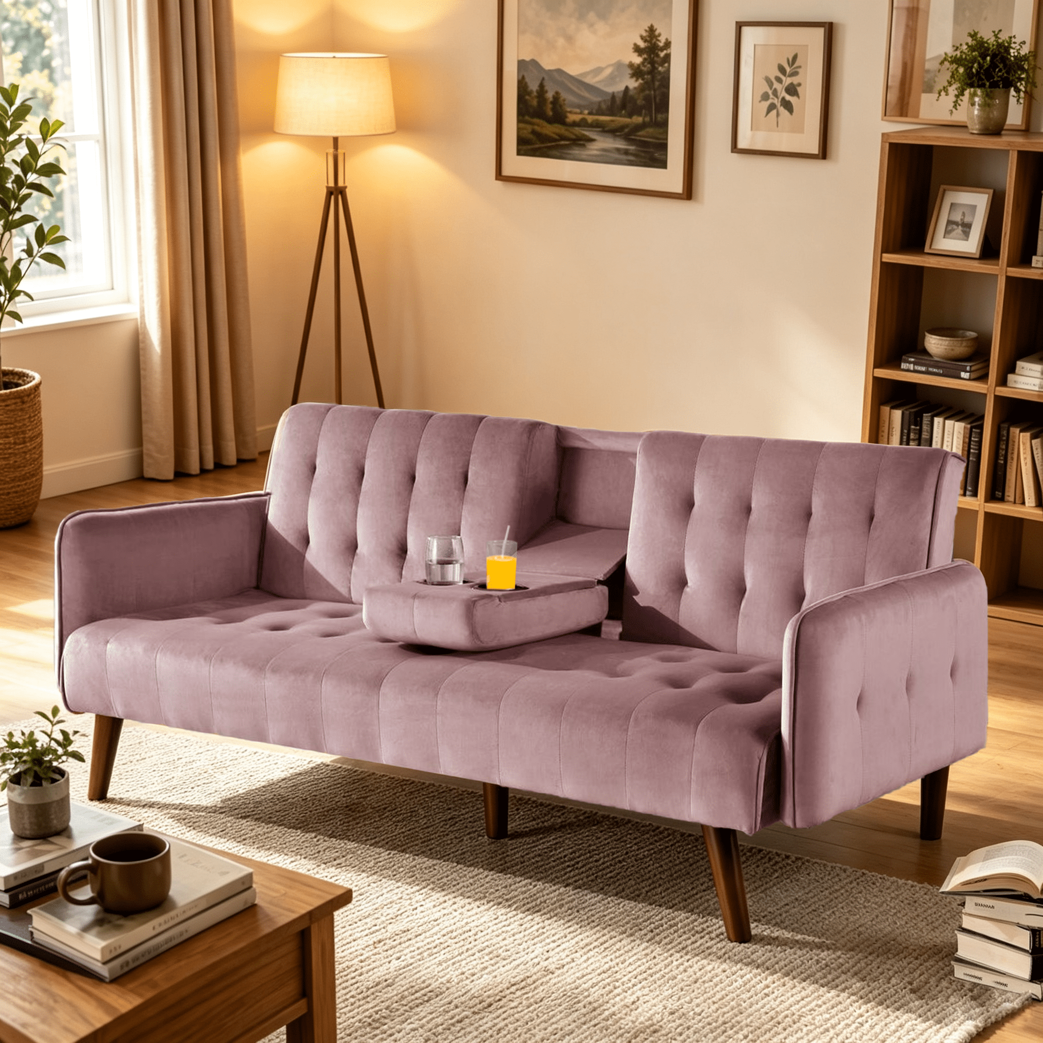Gewnee 72" Sleeper Sofa Bed, Convertible Linen Futon Couch with Folding Backrest with Cup Holder,Modern Couch for Home and Guest Room，Pink