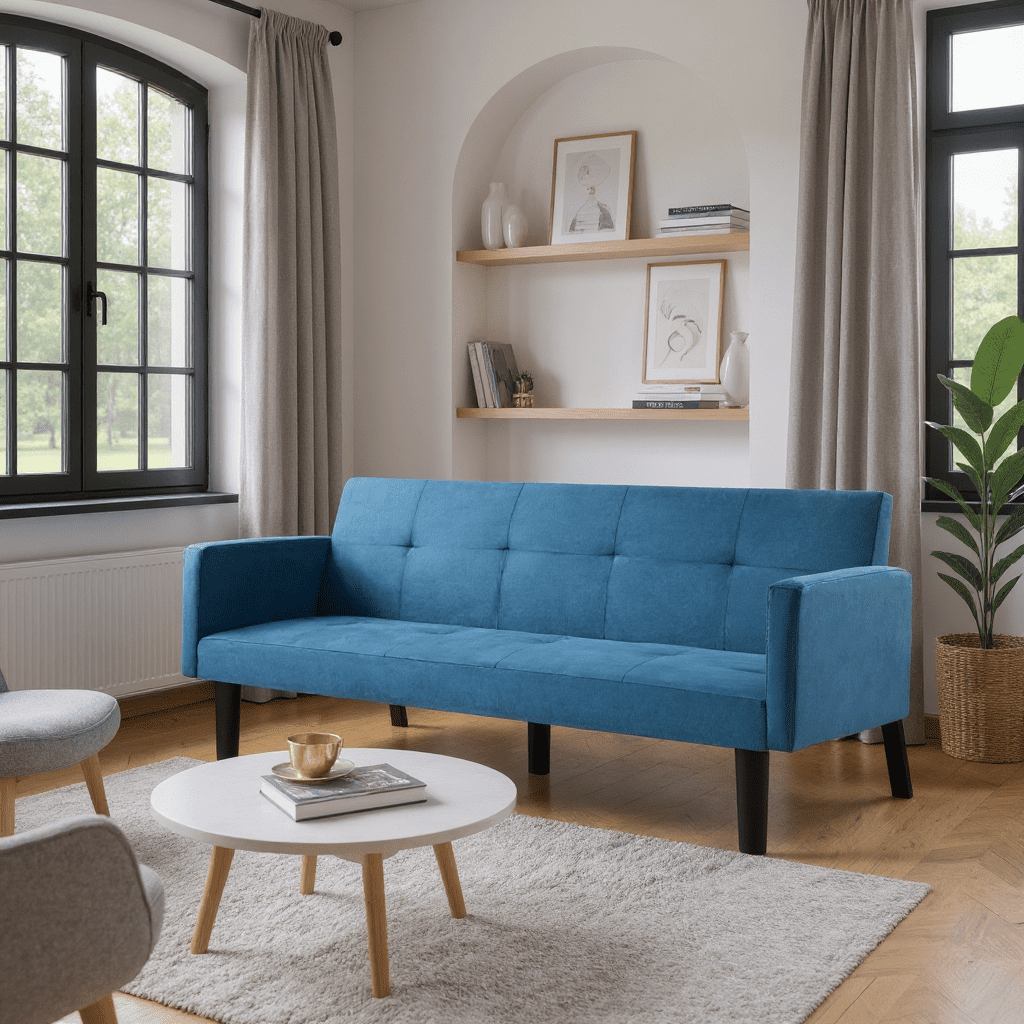 Gewnee 73.6" Modern Faux Suede Futon Sofa Bed, Convertible Couch with 3-Position Backrest, Twin Sleeper for Living Room/Apartment/Dorm, Blue