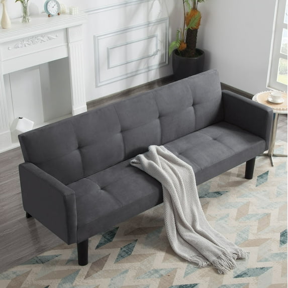 Gewnee 73.6" Futon Convertible Sofa Bed,with 3-Position Adjustable Backrest,Faux Suede Upholstery,Quick & Easy Assembly,Twin-Size Sleeper Sofa(Dark Gray)