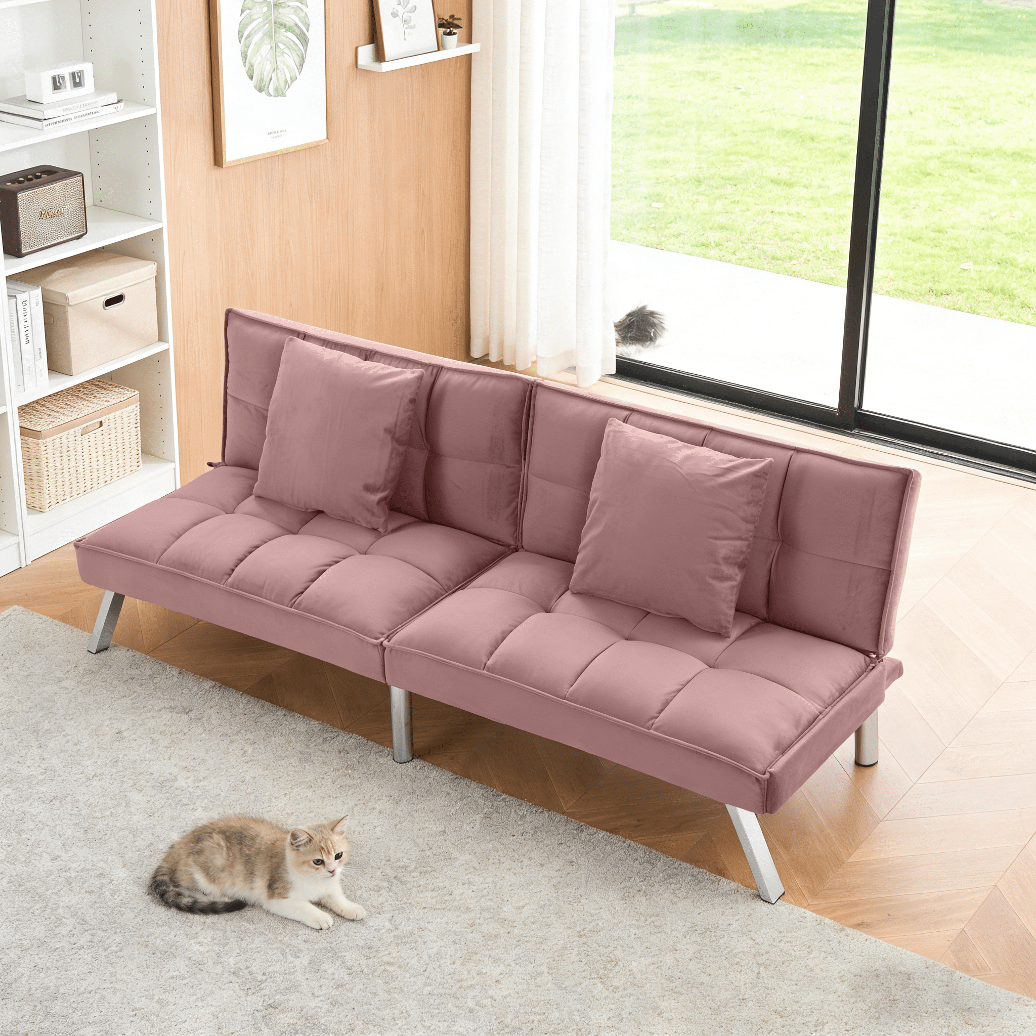Gewnee 73”Velvet Futon Sofa Bed Convertible Sleeper Sofa with Split-Back 5 Adjustable Angles,Metal Legs & 2 Toss Pillows for Living Room,Office,Guest Room.Pink