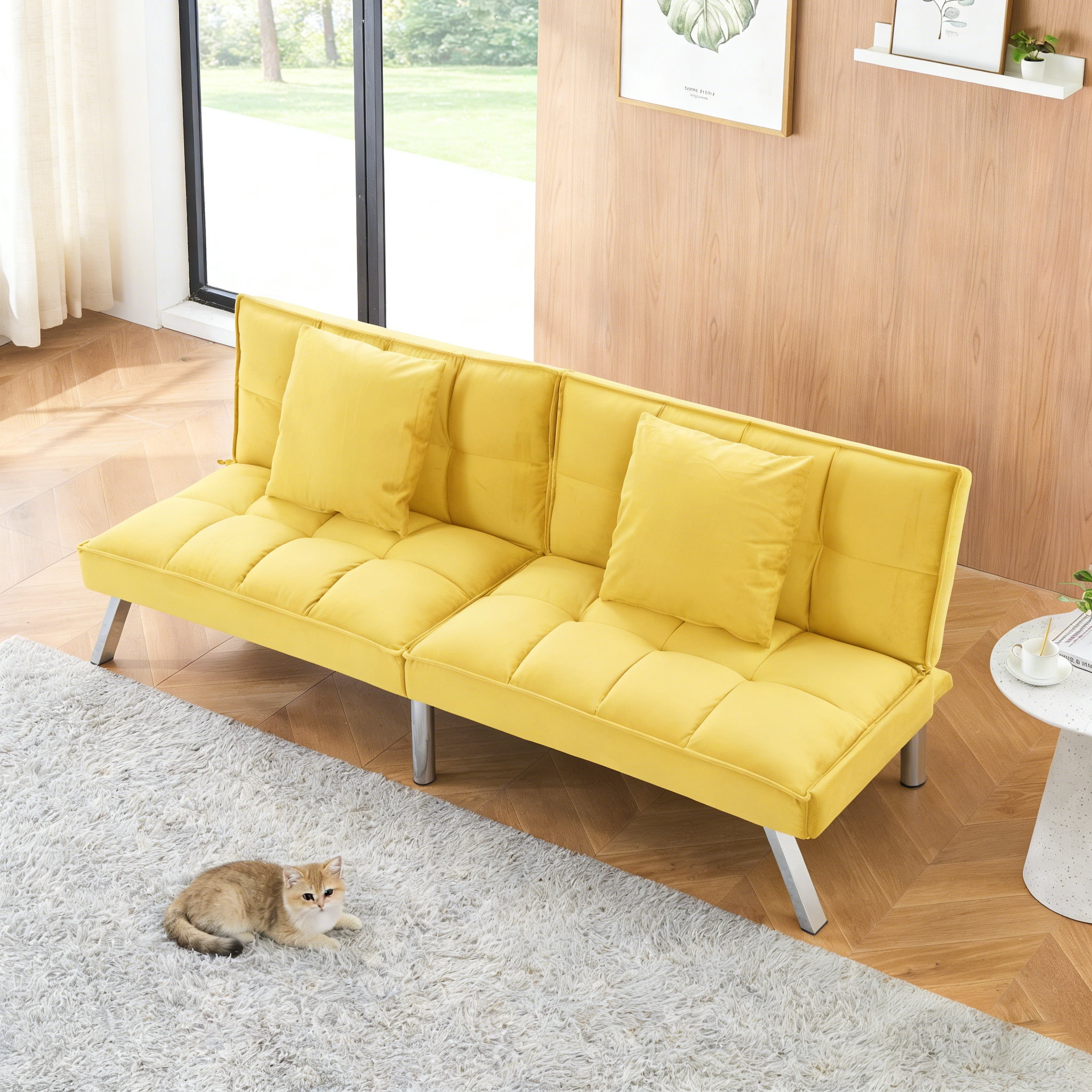 Gewnee 73”Velvet Futon Sofa Bed Convertible Sleeper Sofa with Split-Back 5 Adjustable Angles,Metal Legs & 2 Toss Pillows for Living Room,Office,Guest Room.Yellow