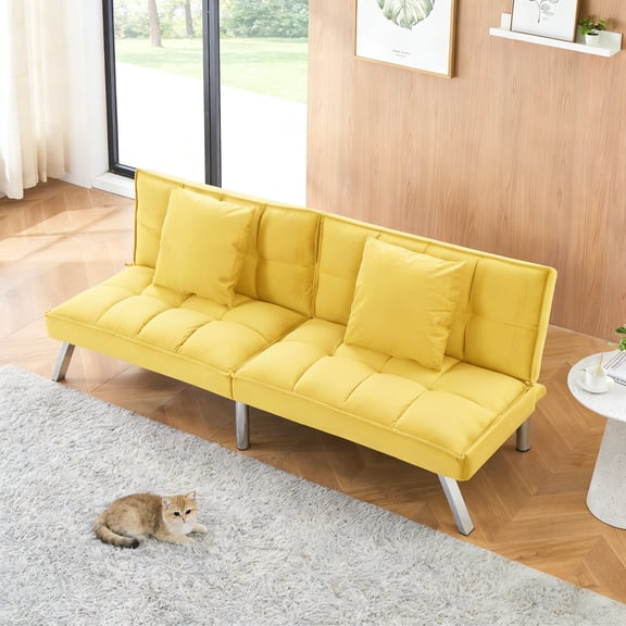 Gewnee 73”Velvet Futon Sofa Bed Convertible Sleeper Sofa with Split-Back 5 Adjustable Angles,Metal Legs & 2 Toss Pillows for Living Room,Office,Guest Room.Yellow